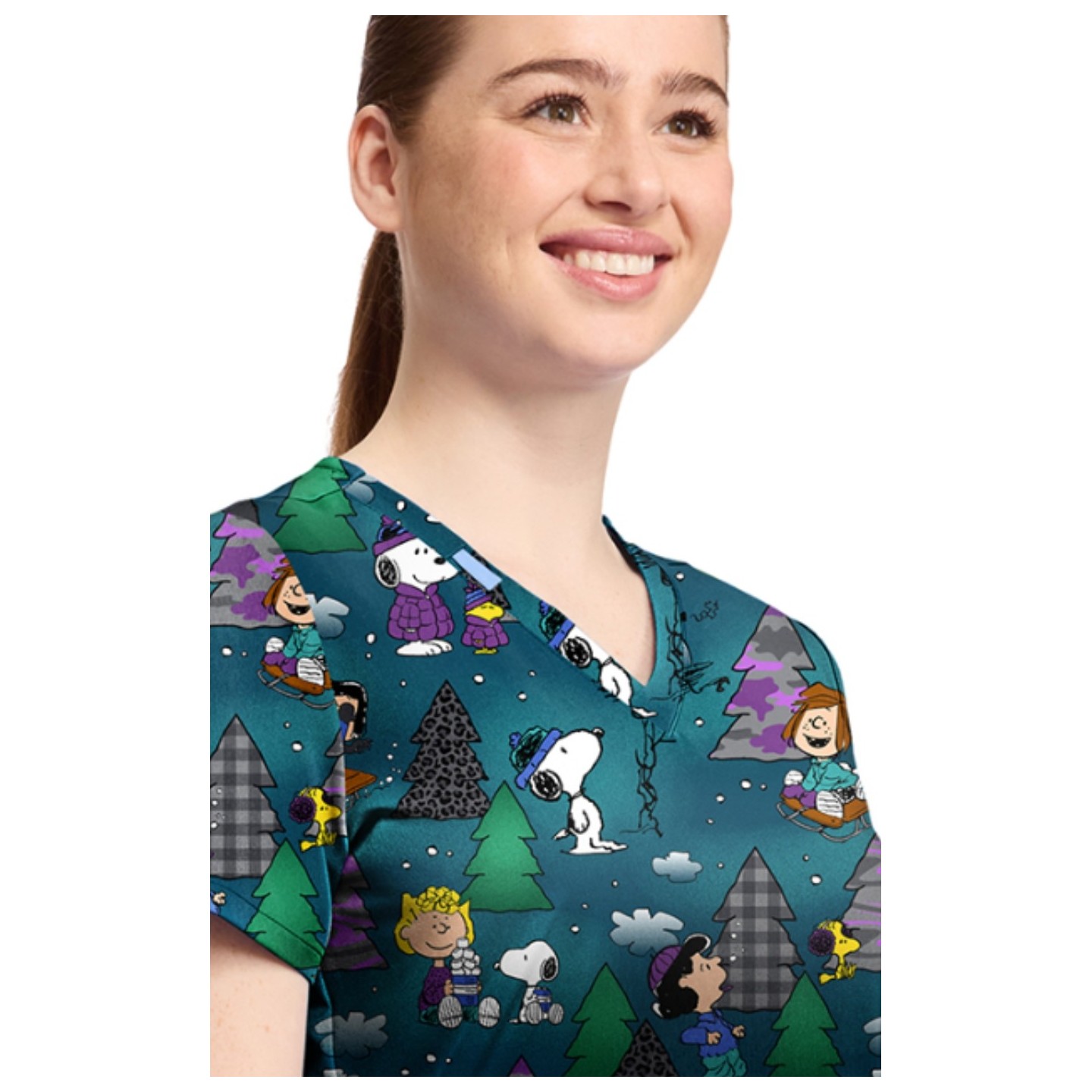 TF796 Tooniforms 2 Pocket V-Neck Print Top by Cherokee - Winter Forest