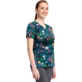 TF796 Tooniforms 2 Pocket V-Neck Print Top by Cherokee - Winter Forest