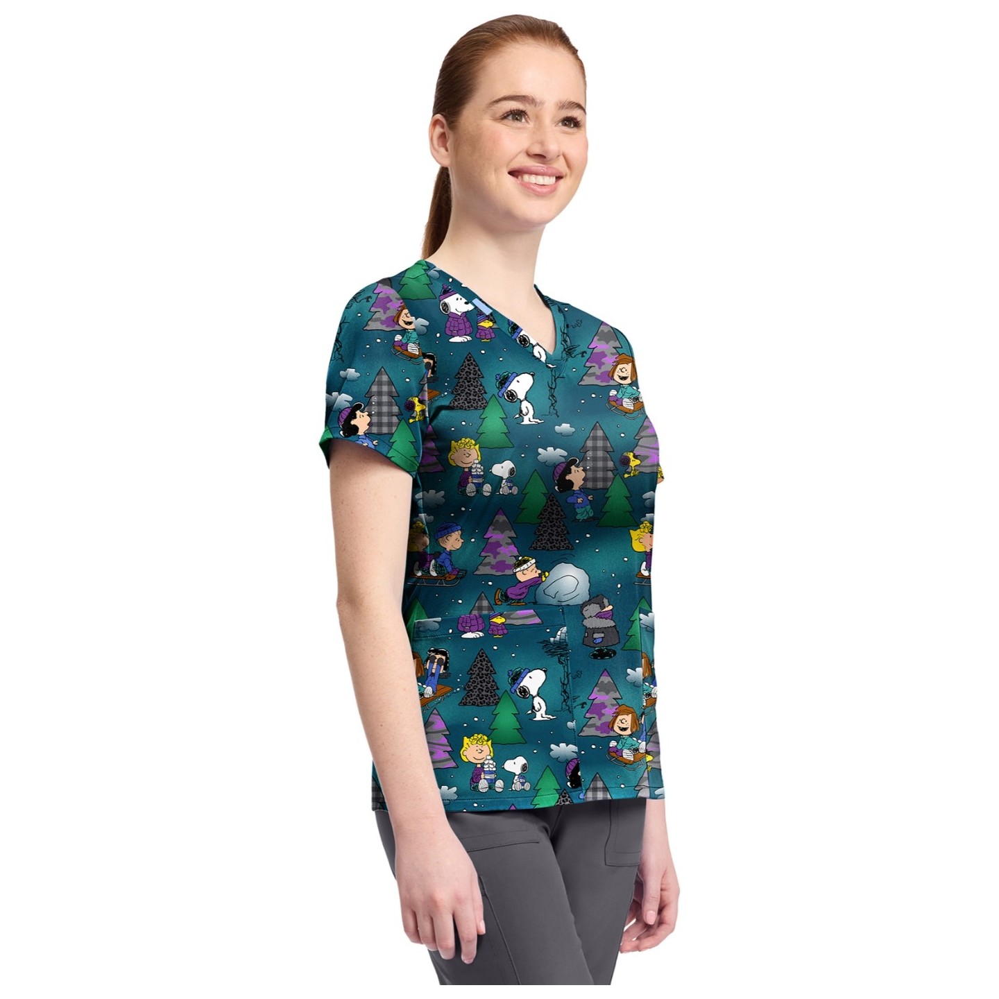 TF796 Tooniforms 2 Pocket V-Neck Print Top by Cherokee - Winter Forest