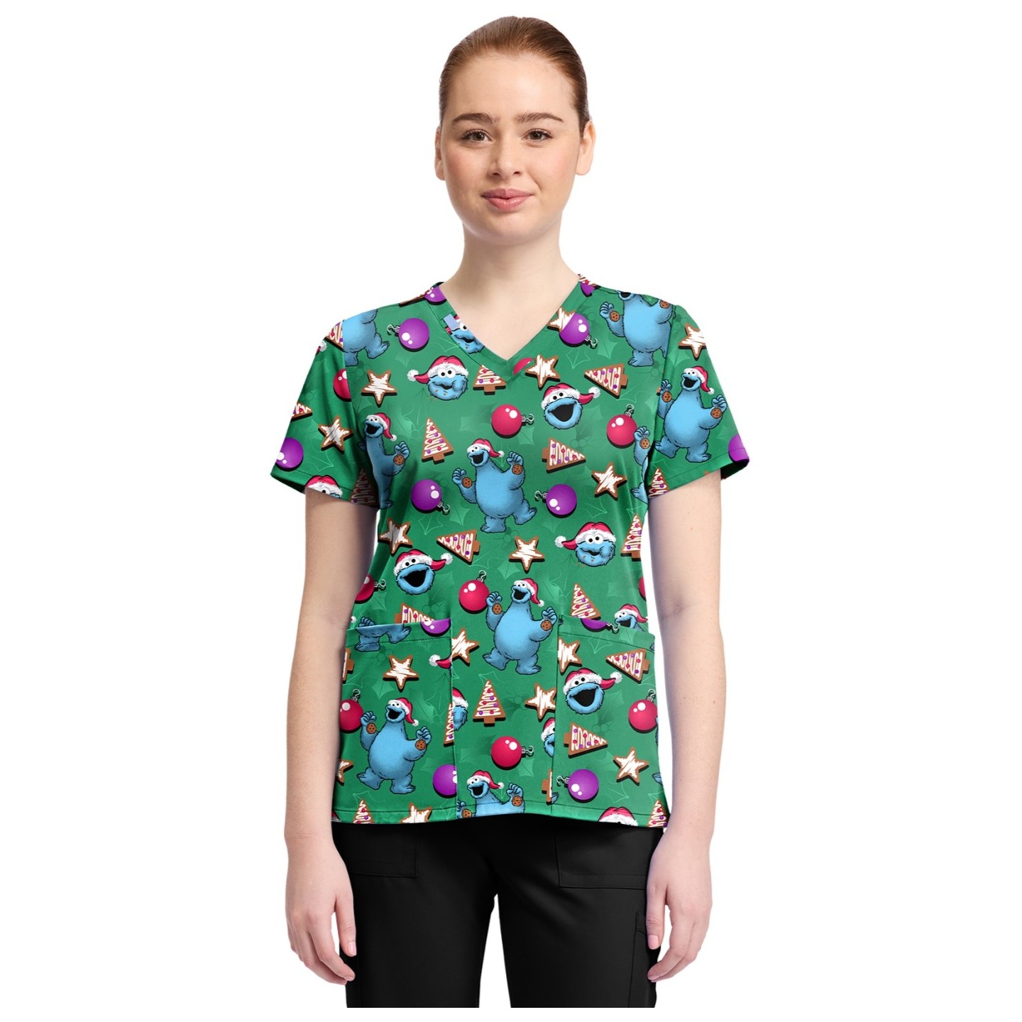 TF796 Tooniforms 2 Pocket V-Neck Print Top by Cherokee - Christmas Cookie