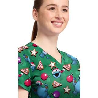 TF796 Tooniforms 2 Pocket V-Neck Print Top by Cherokee - Christmas Cookie