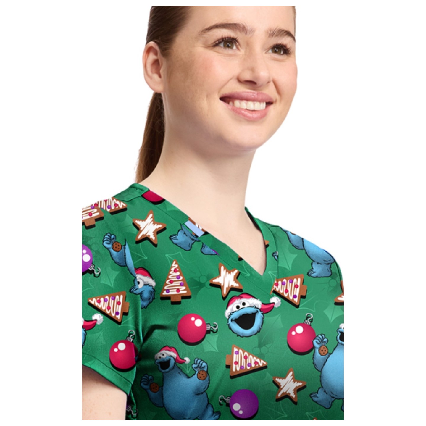 TF796 Tooniforms 2 Pocket V-Neck Print Top by Cherokee - Christmas Cookie