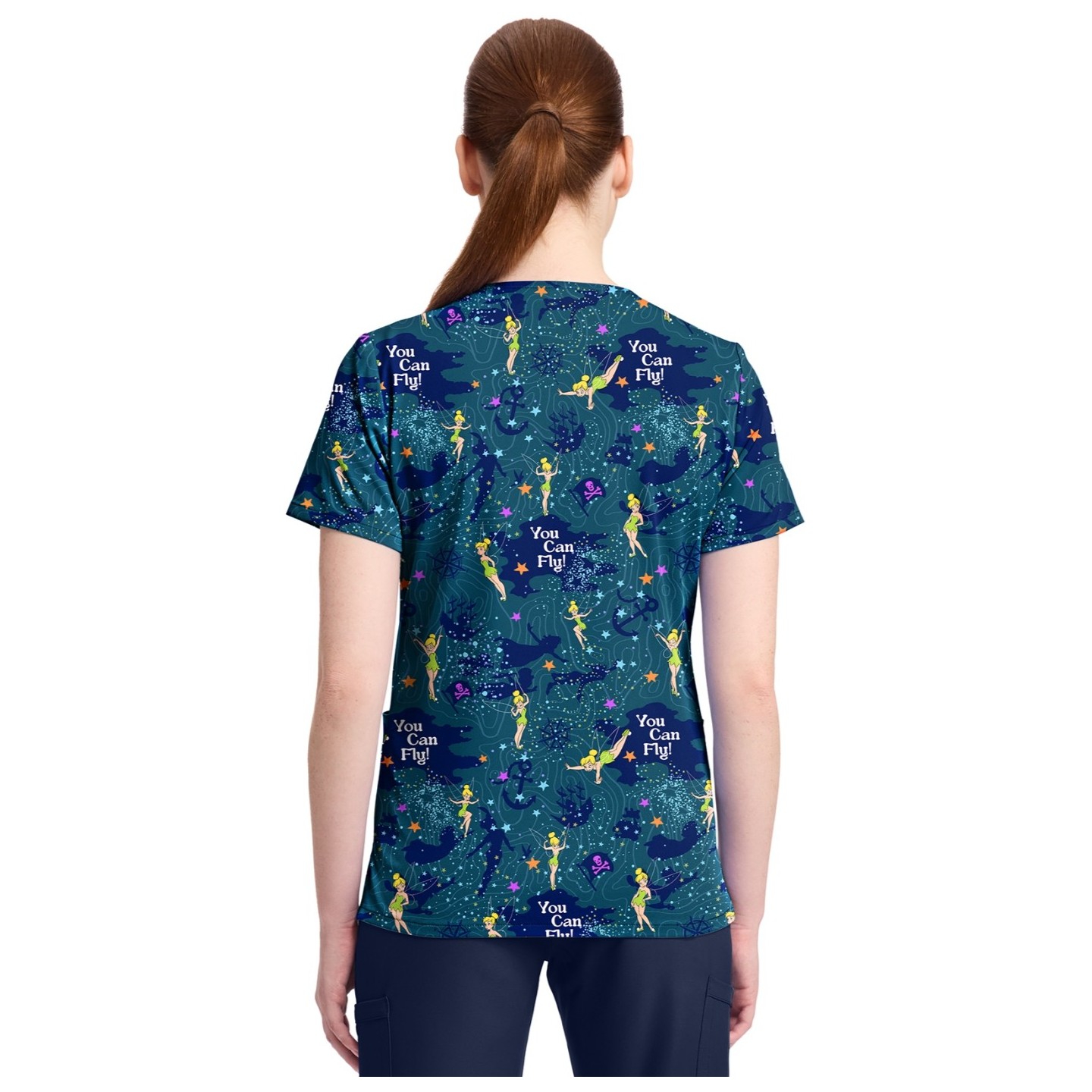 TF796 Tooniforms 2 Pocket V-Neck Print Top by Cherokee - Tinker Bell Flight