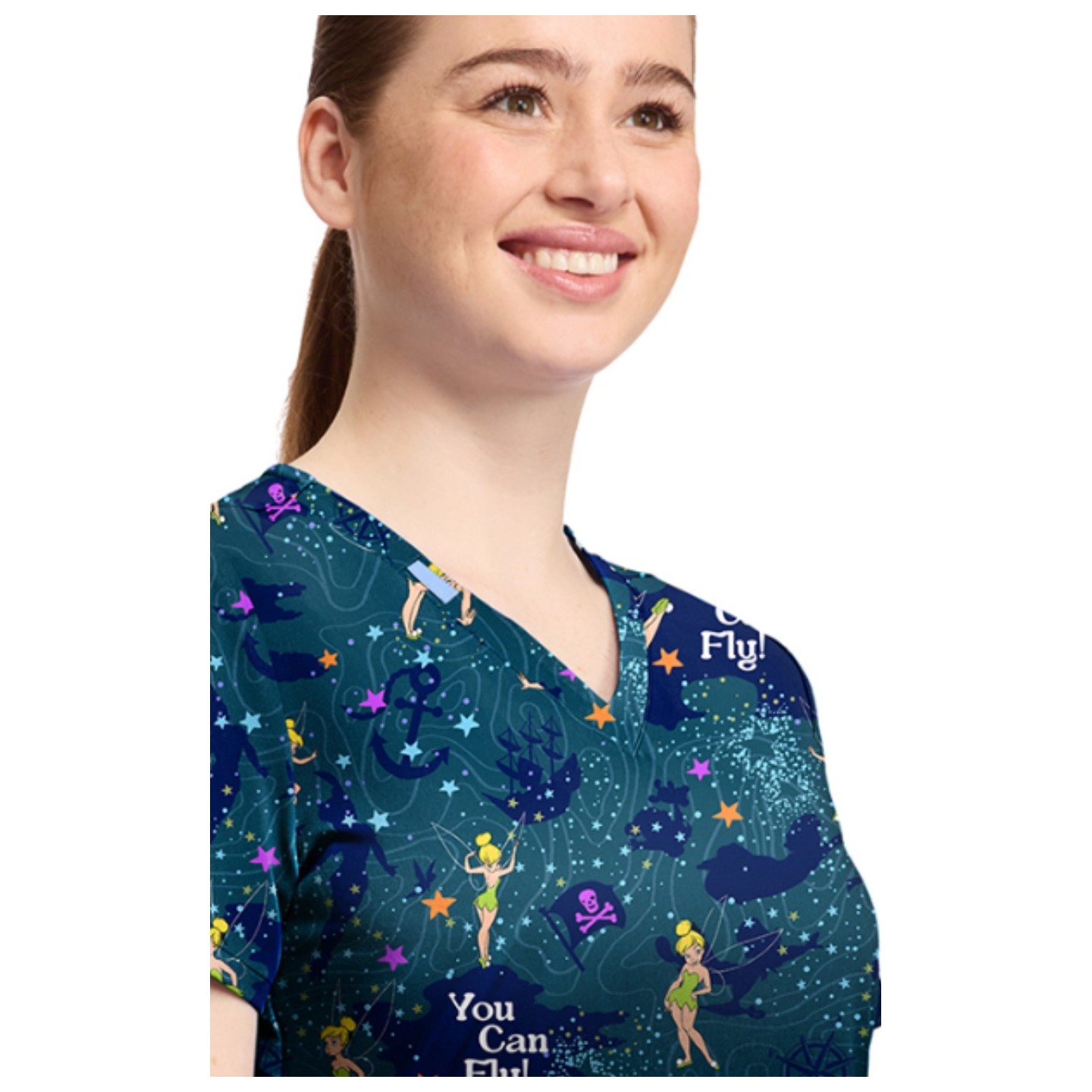 TF796 Tooniforms 2 Pocket V-Neck Print Top by Cherokee - Tinker Bell Flight