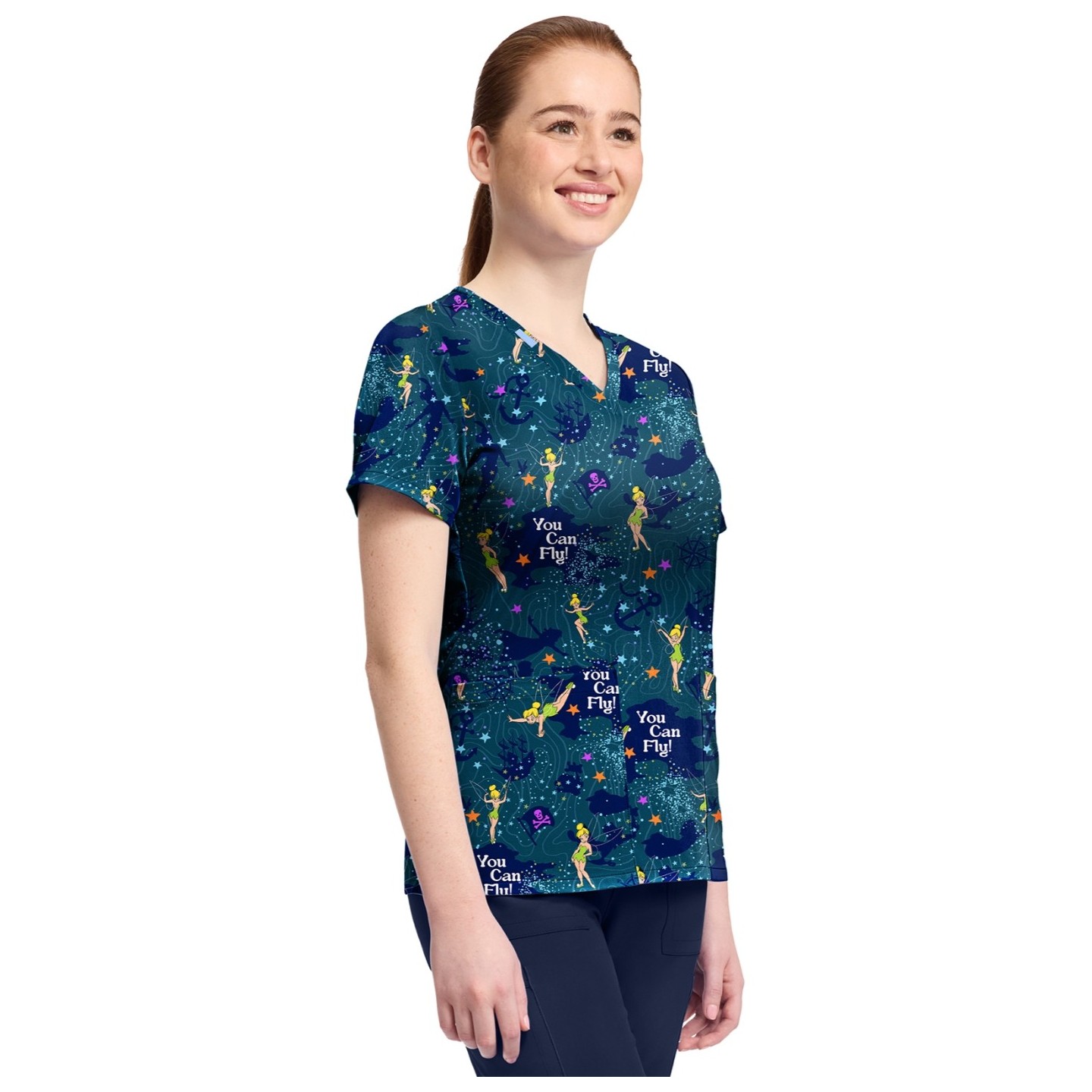 TF796 Tooniforms 2 Pocket V-Neck Print Top by Cherokee - Tinker Bell Flight