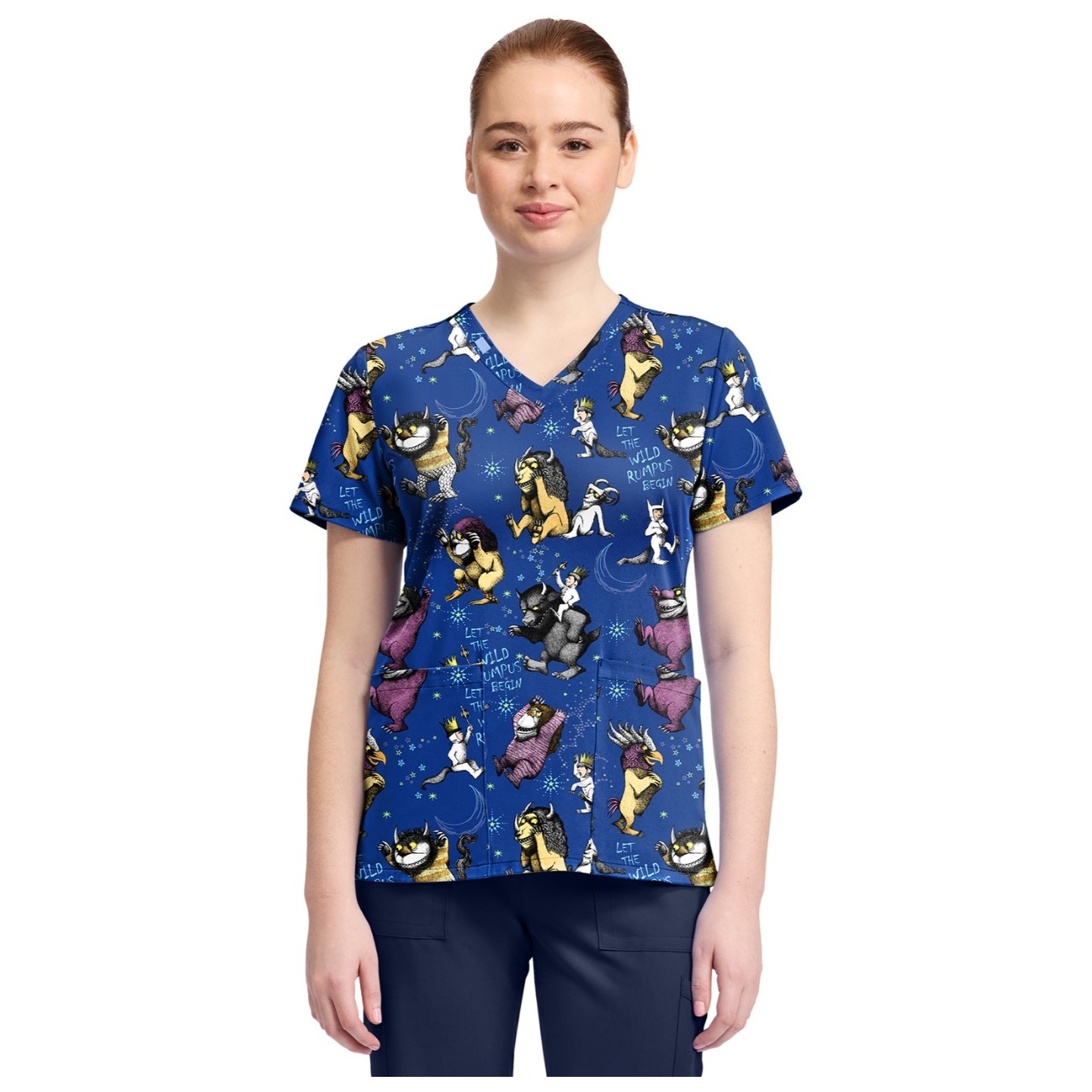 TF796 Tooniforms 2 Pocket V-Neck Print Top by Cherokee - Wild Rumpus