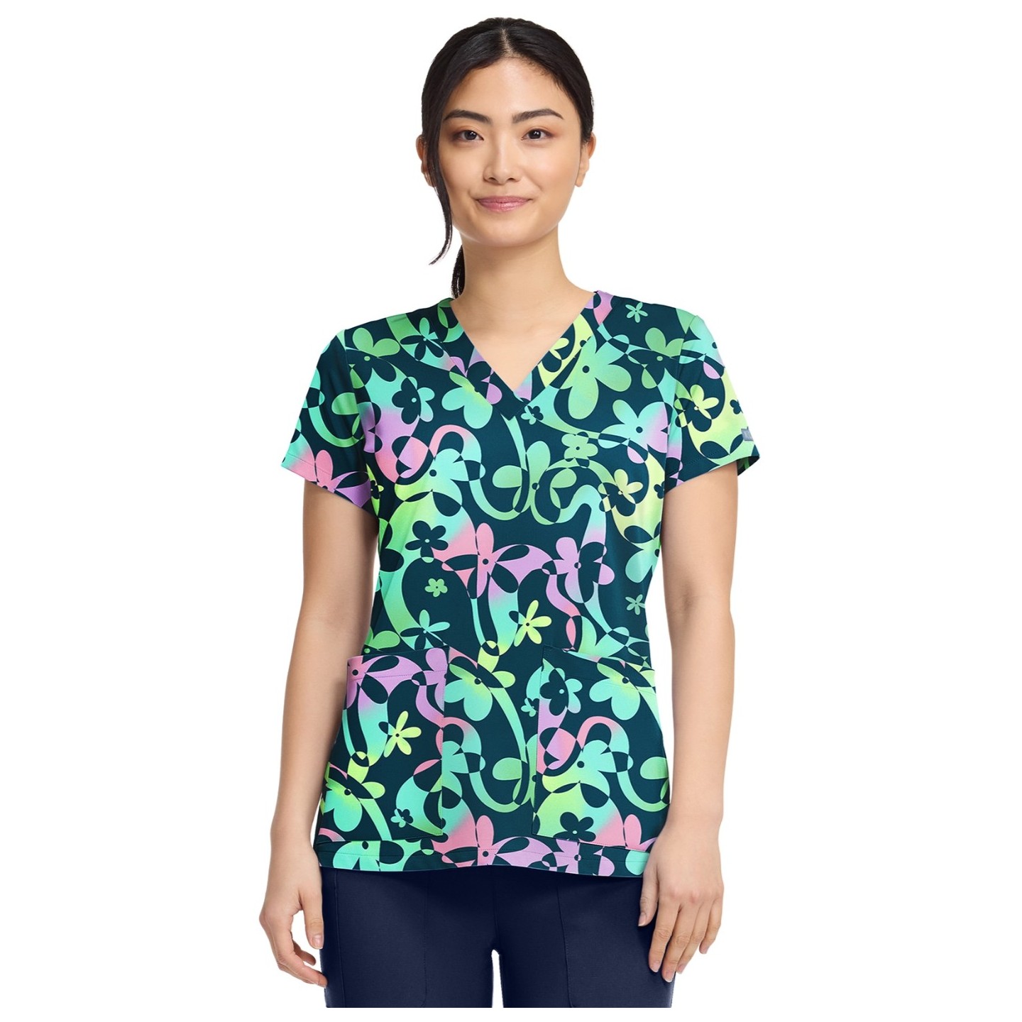 MC8564 Med Couture 2 Pocket V-Neck Print Top - Dizzy Daisy