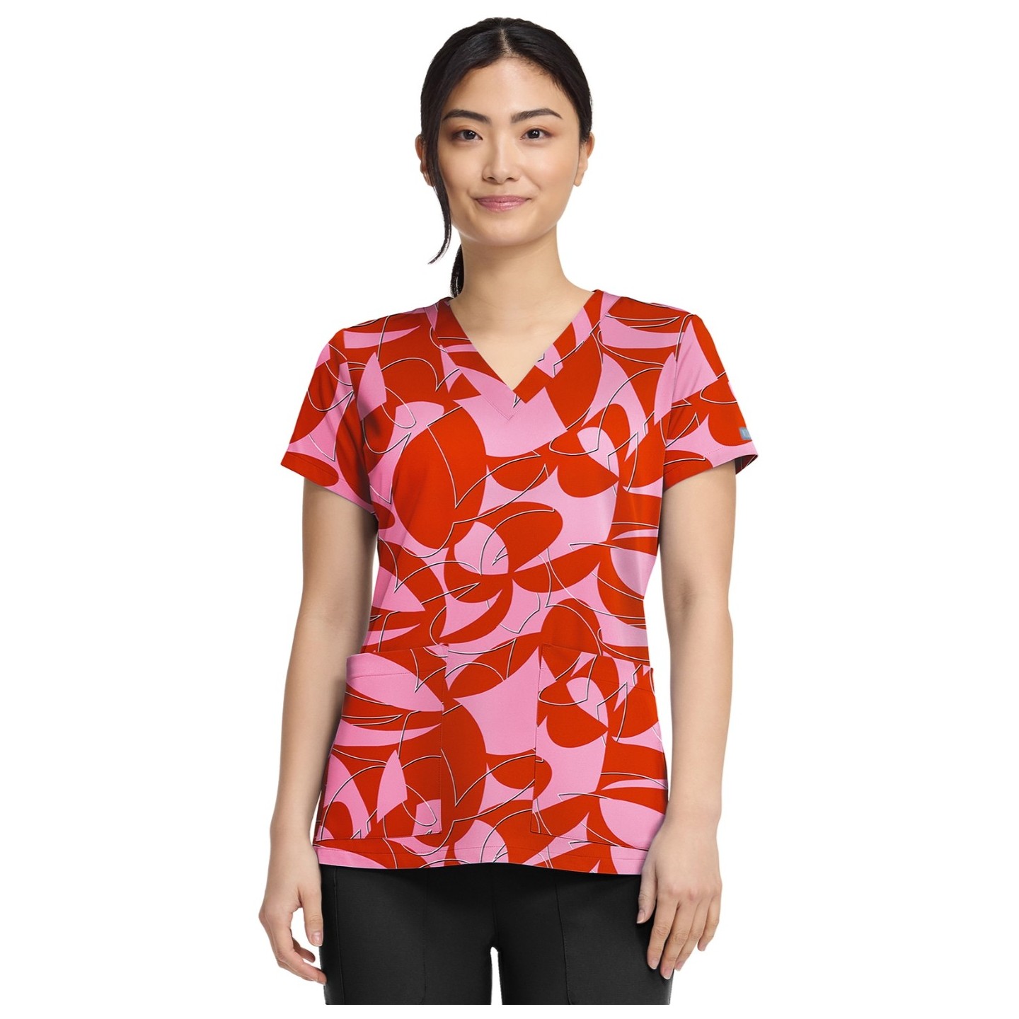 MC8564 Med Couture 2 Pocket V-Neck Print Top - Hopscotch