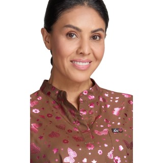 1141PR koi Basics Ari Split Neck Foil Print Top - Iridescent Light Bright Walnut