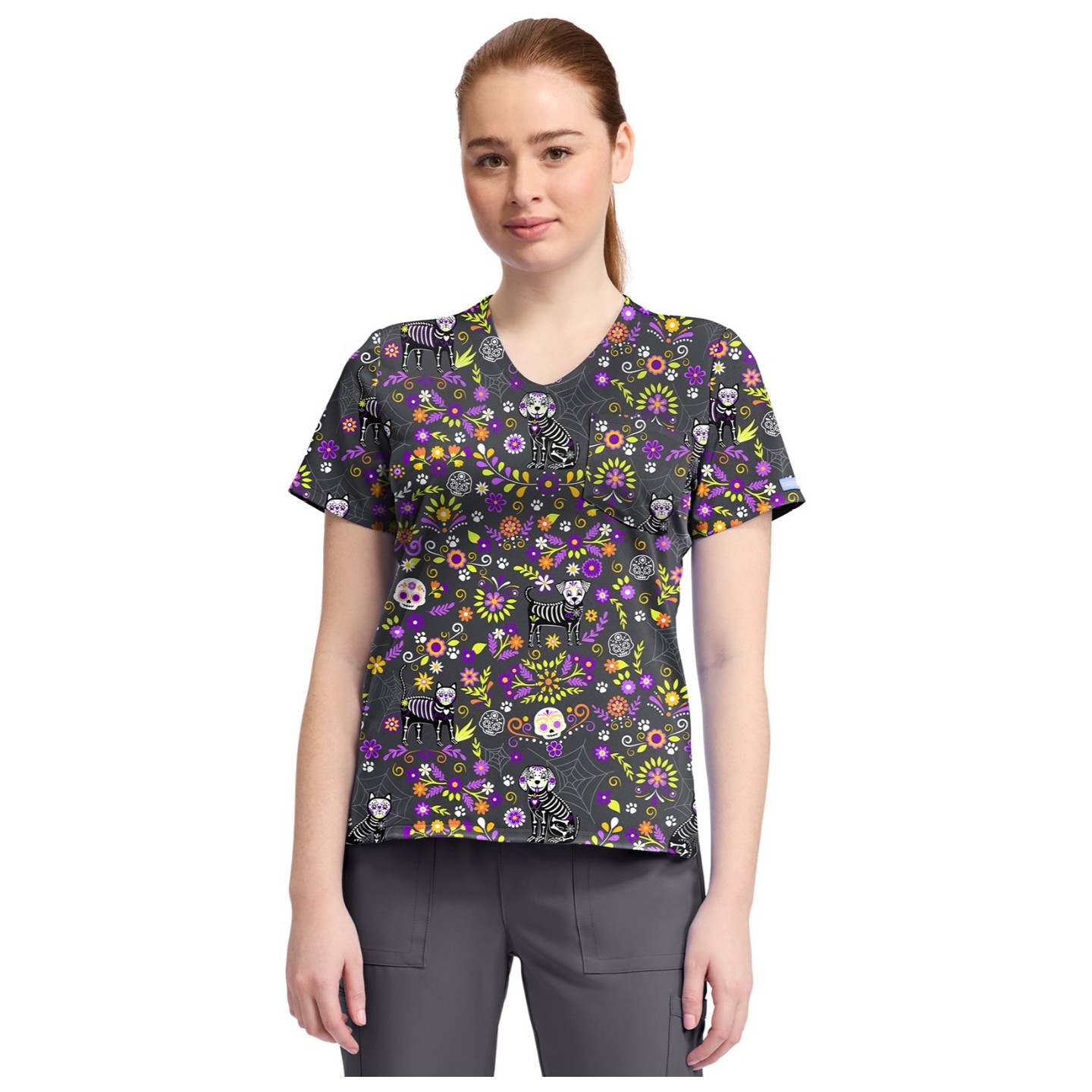 CK857 High-Low V-Neck Print Top by Cherokee - Day of the Pets