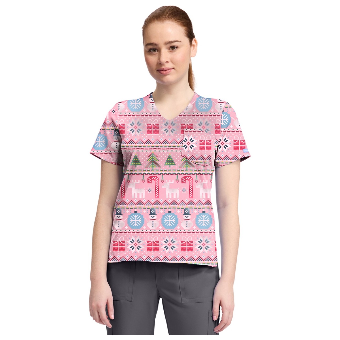 CK857 High-Low V-Neck Print Top by Cherokee - Festive Fair Isle