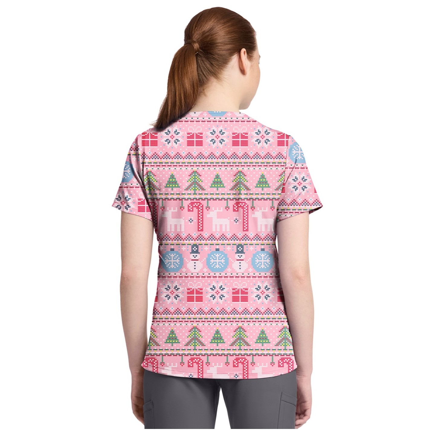 CK857 High-Low V-Neck Print Top by Cherokee - Festive Fair Isle