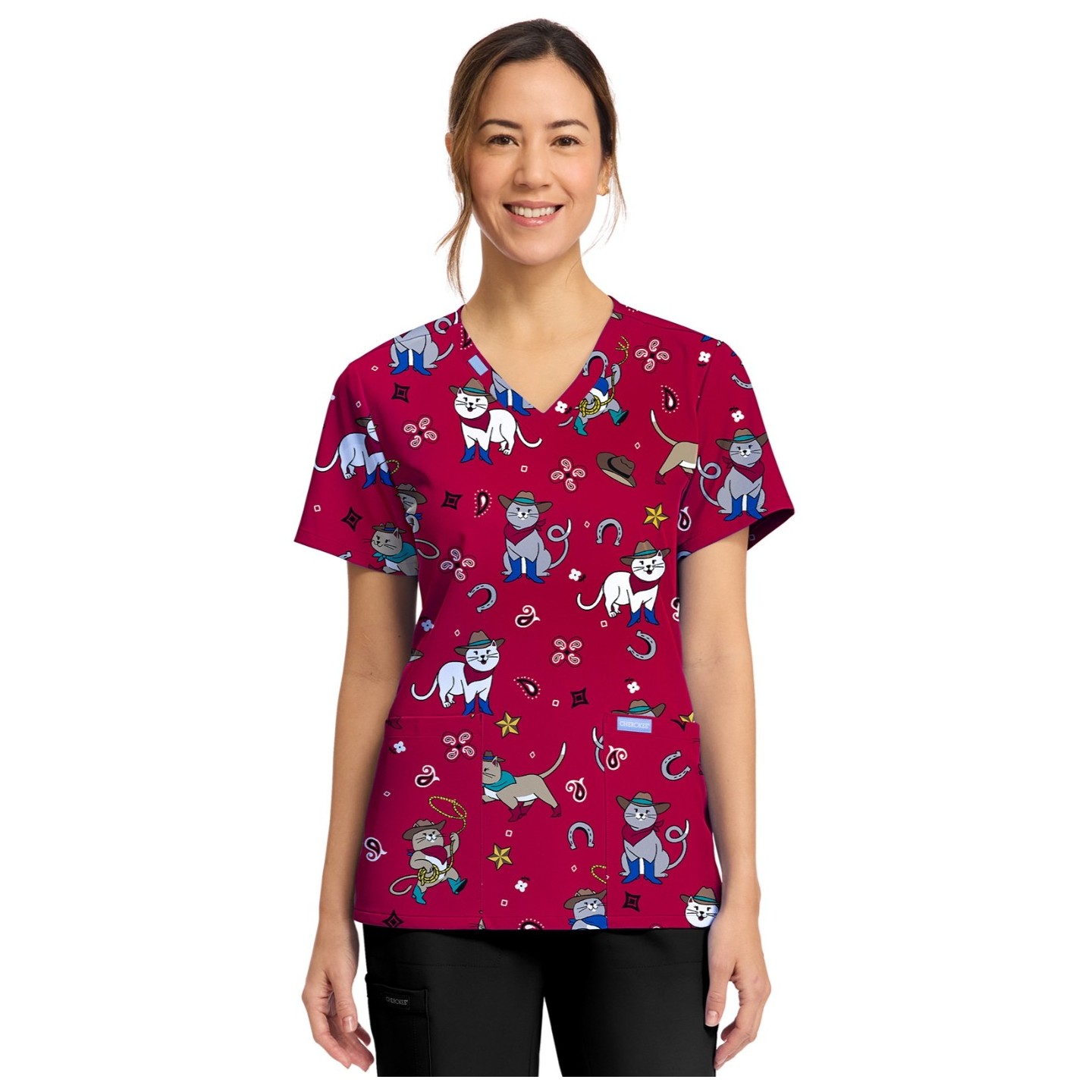 CK856 V-Neck 2 Pocket Print Top by Cherokee - Cowgirl Kitty