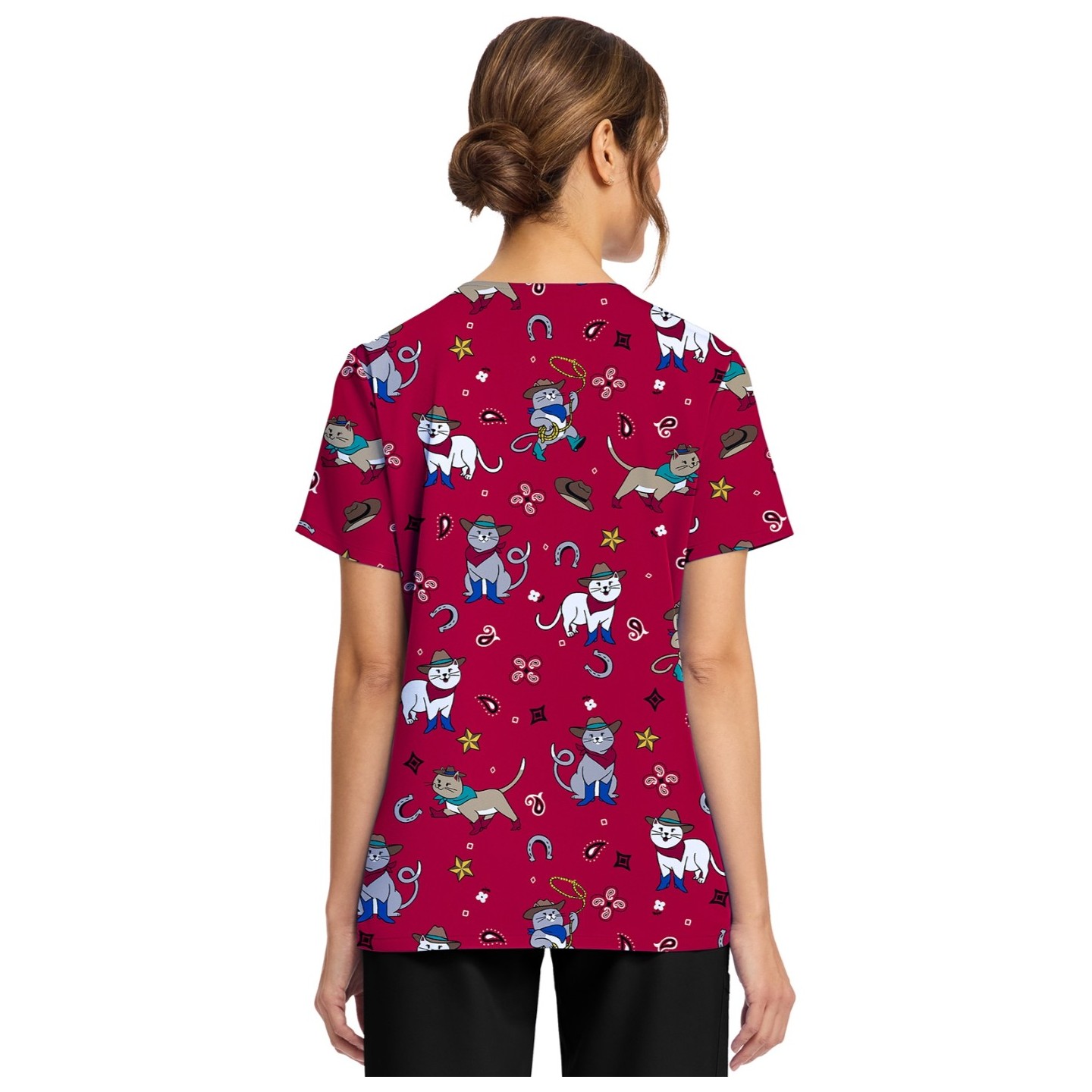 CK856 V-Neck 2 Pocket Print Top by Cherokee - Cowgirl Kitty