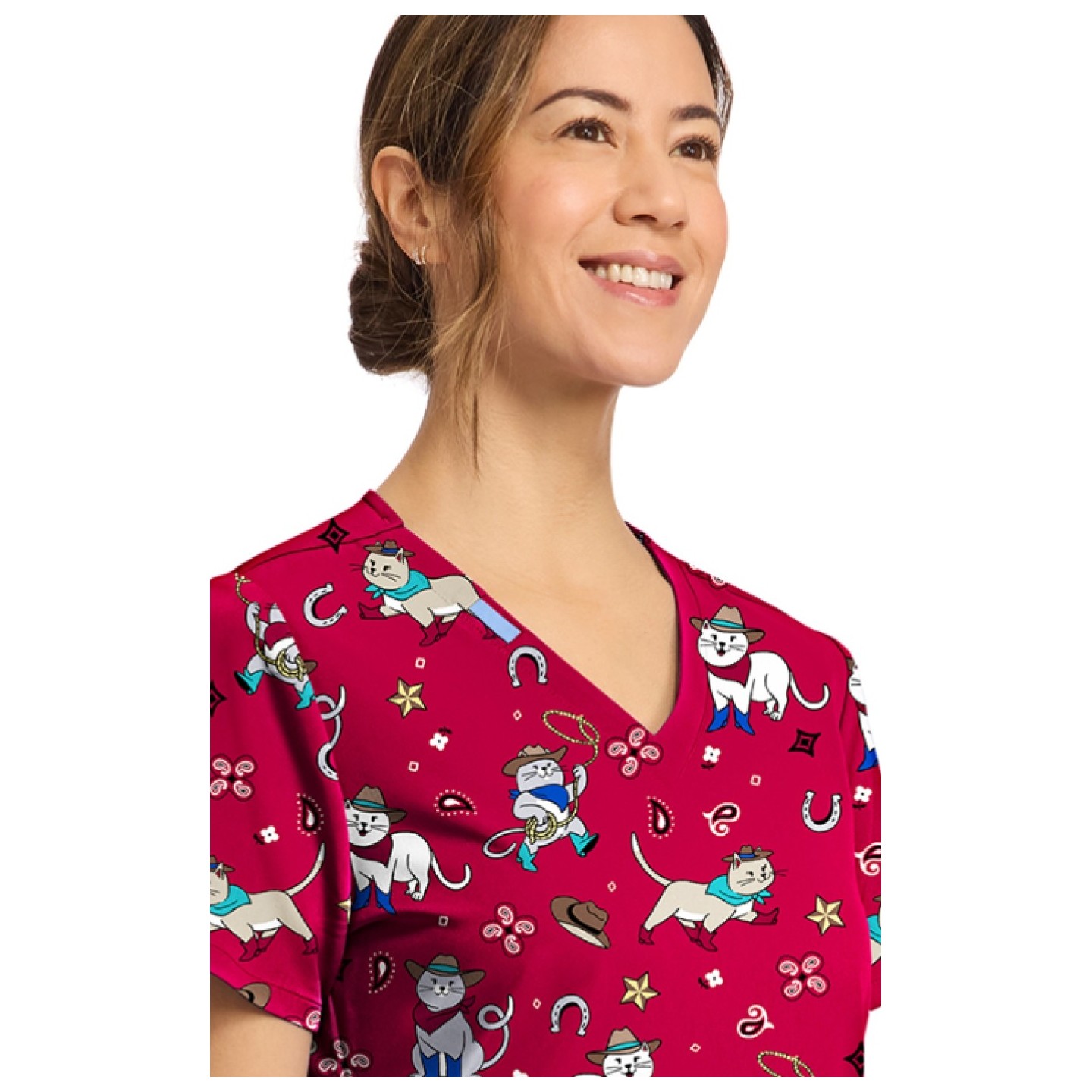 CK856 V-Neck 2 Pocket Print Top by Cherokee - Cowgirl Kitty