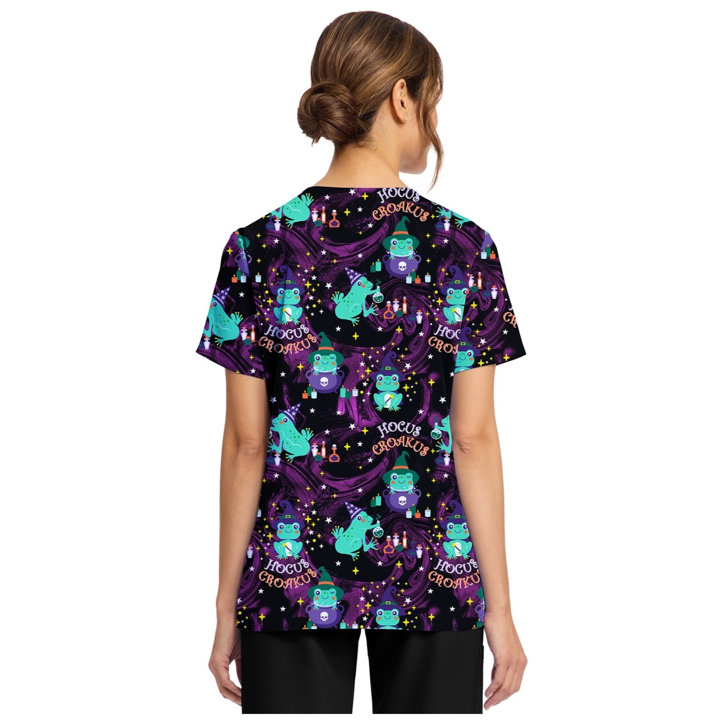 CK856 V-Neck 2 Pocket Print Top by Cherokee - Hocus Croakus