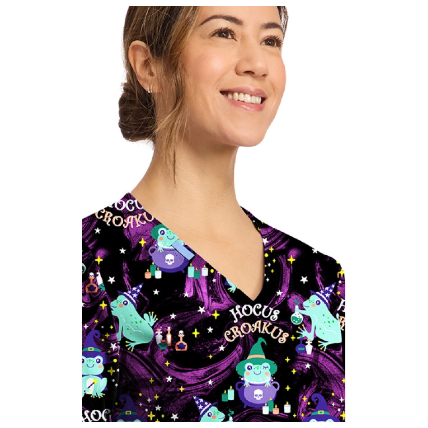 CK856 V-Neck 2 Pocket Print Top by Cherokee - Hocus Croakus