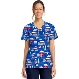 CK856 V-Neck 2 Pocket Print Top by Cherokee - Playing Penguins