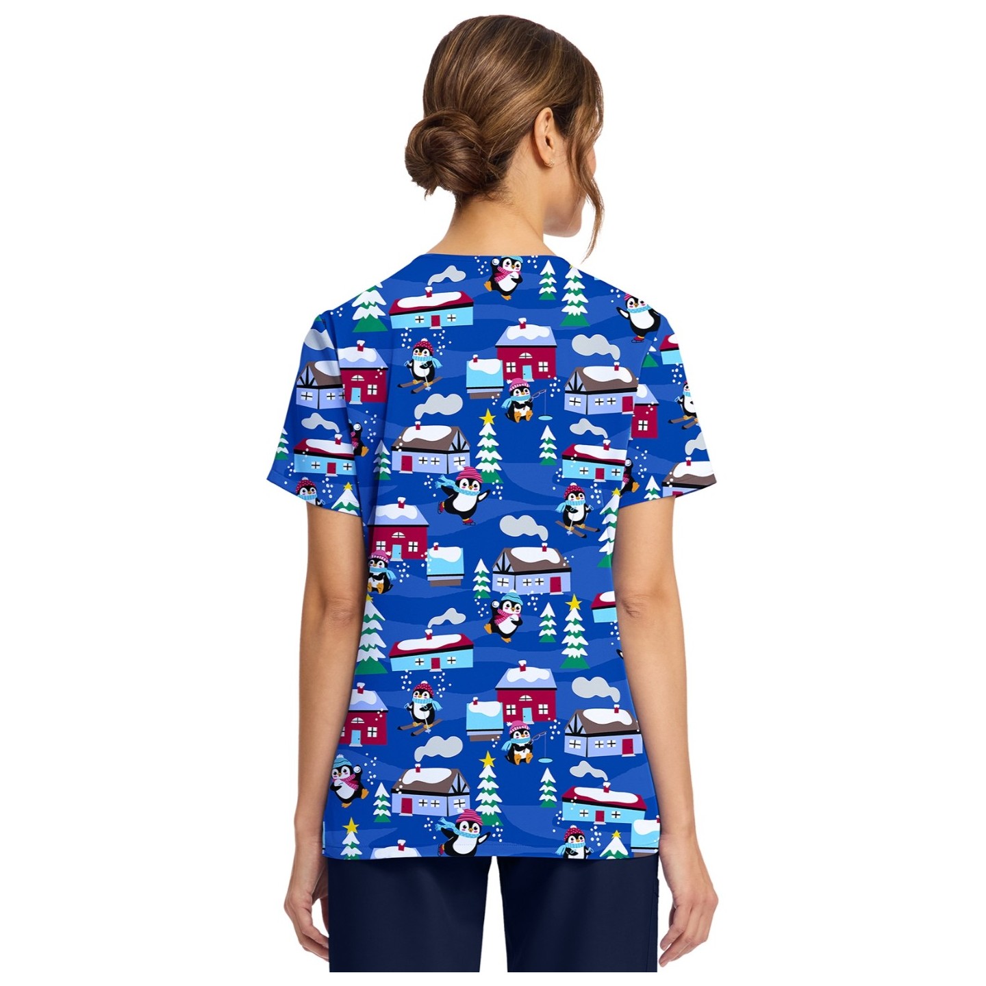 CK856 V-Neck 2 Pocket Print Top by Cherokee - Playing Penguins