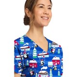 CK856 V-Neck 2 Pocket Print Top by Cherokee - Playing Penguins