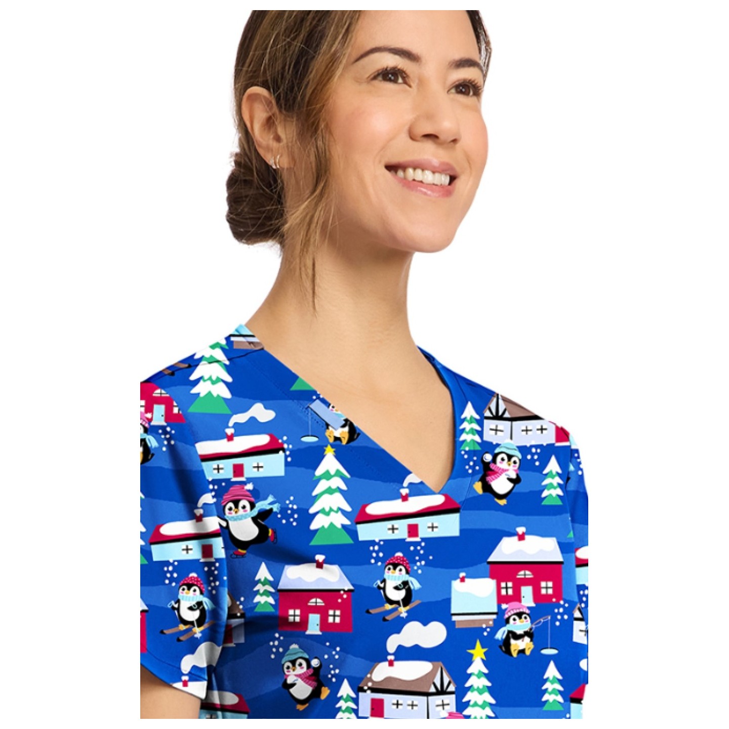 CK856 V-Neck 2 Pocket Print Top by Cherokee - Playing Penguins