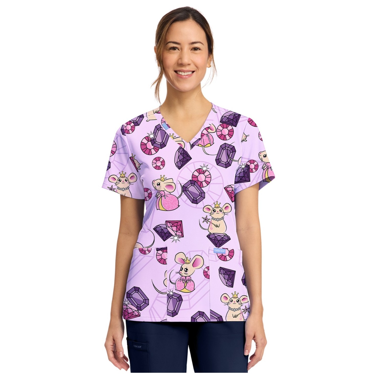 CK856 V-Neck 2 Pocket Print Top by Cherokee - Princess Mouse