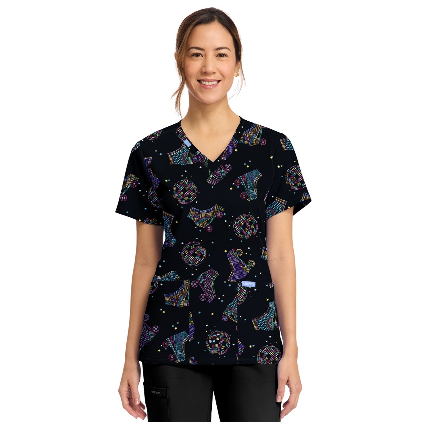 CK856 V-Neck 2 Pocket Print Top by Cherokee - Roller Disco