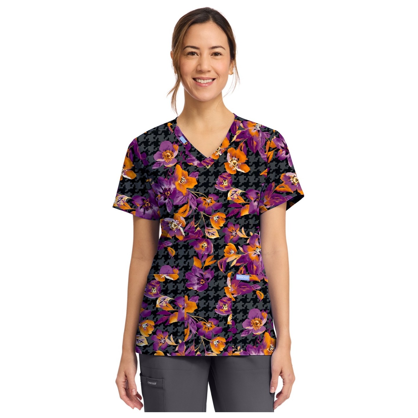 CK856 V-Neck 2 Pocket Print Top by Cherokee - Velvet Floral