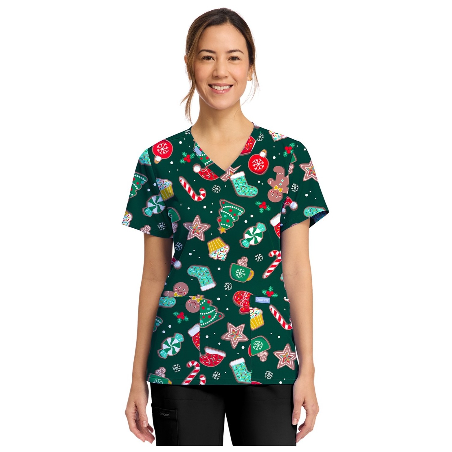 CK856 V-Neck 2 Pocket Print Top by Cherokee - Waiting for Santa