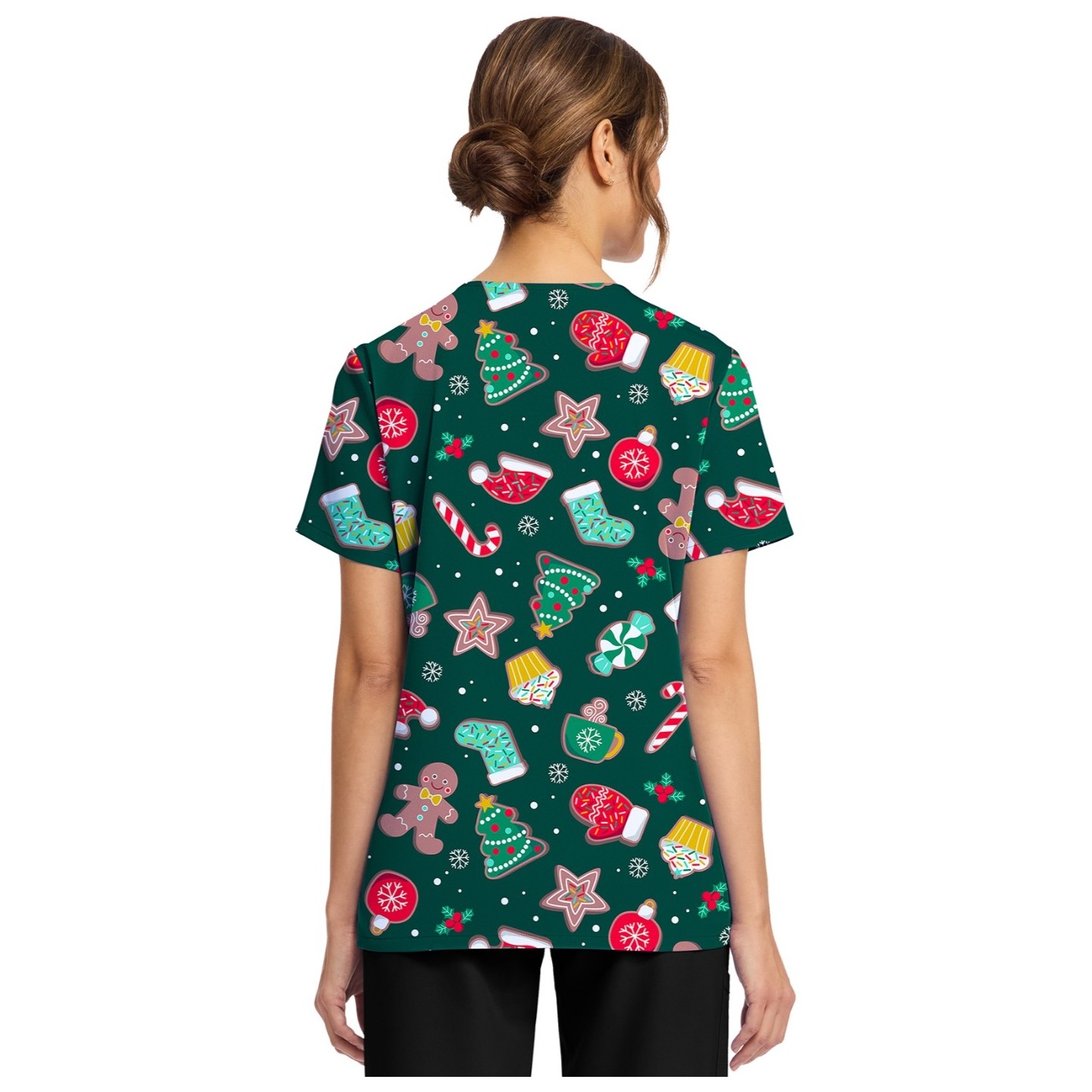 CK856 V-Neck 2 Pocket Print Top by Cherokee - Waiting for Santa