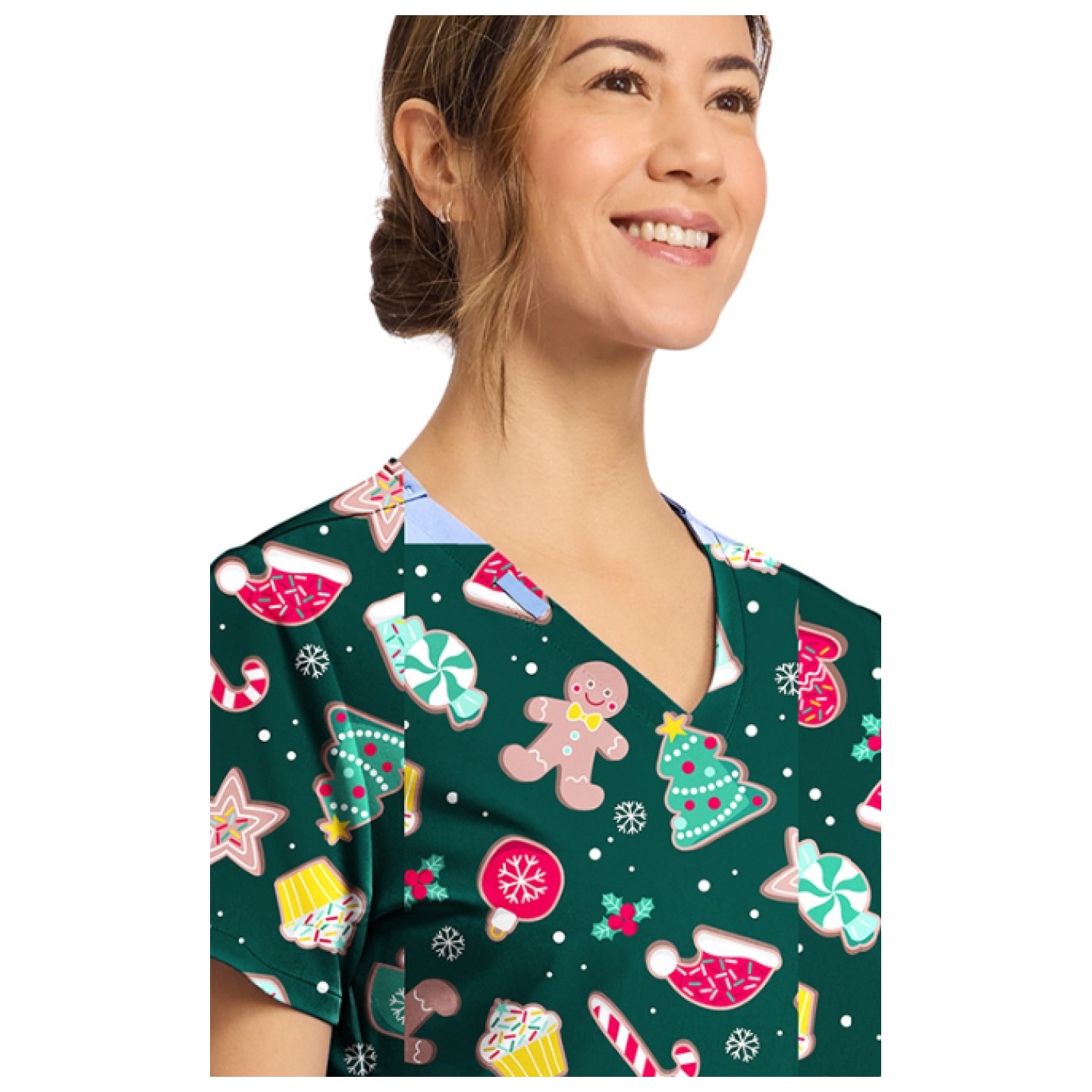 CK856 V-Neck 2 Pocket Print Top by Cherokee - Waiting for Santa