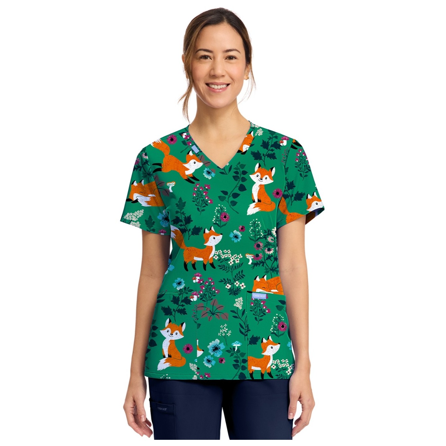 CK856 V-Neck 2 Pocket Print Top by Cherokee - Wild Fox