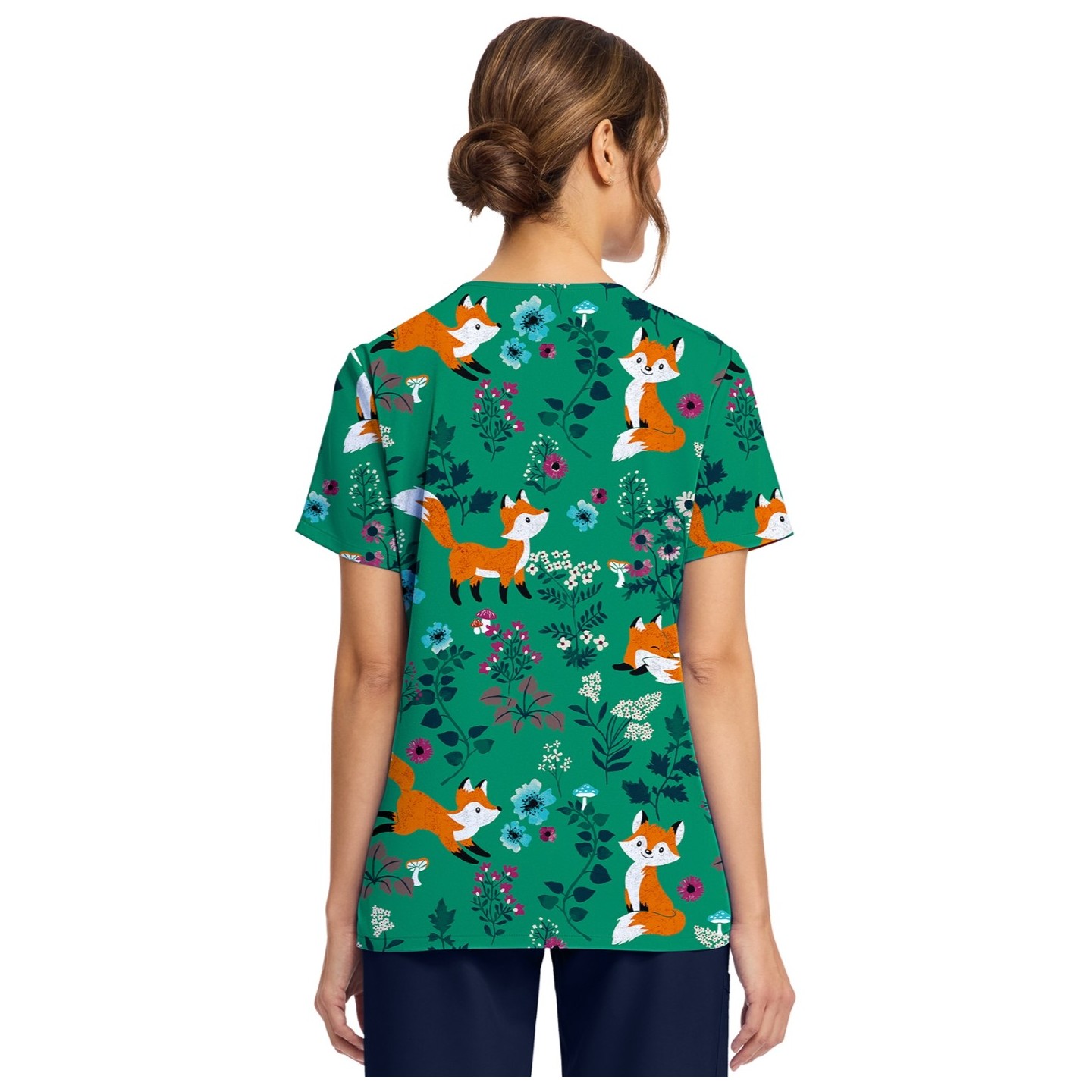 CK856 V-Neck 2 Pocket Print Top by Cherokee - Wild Fox