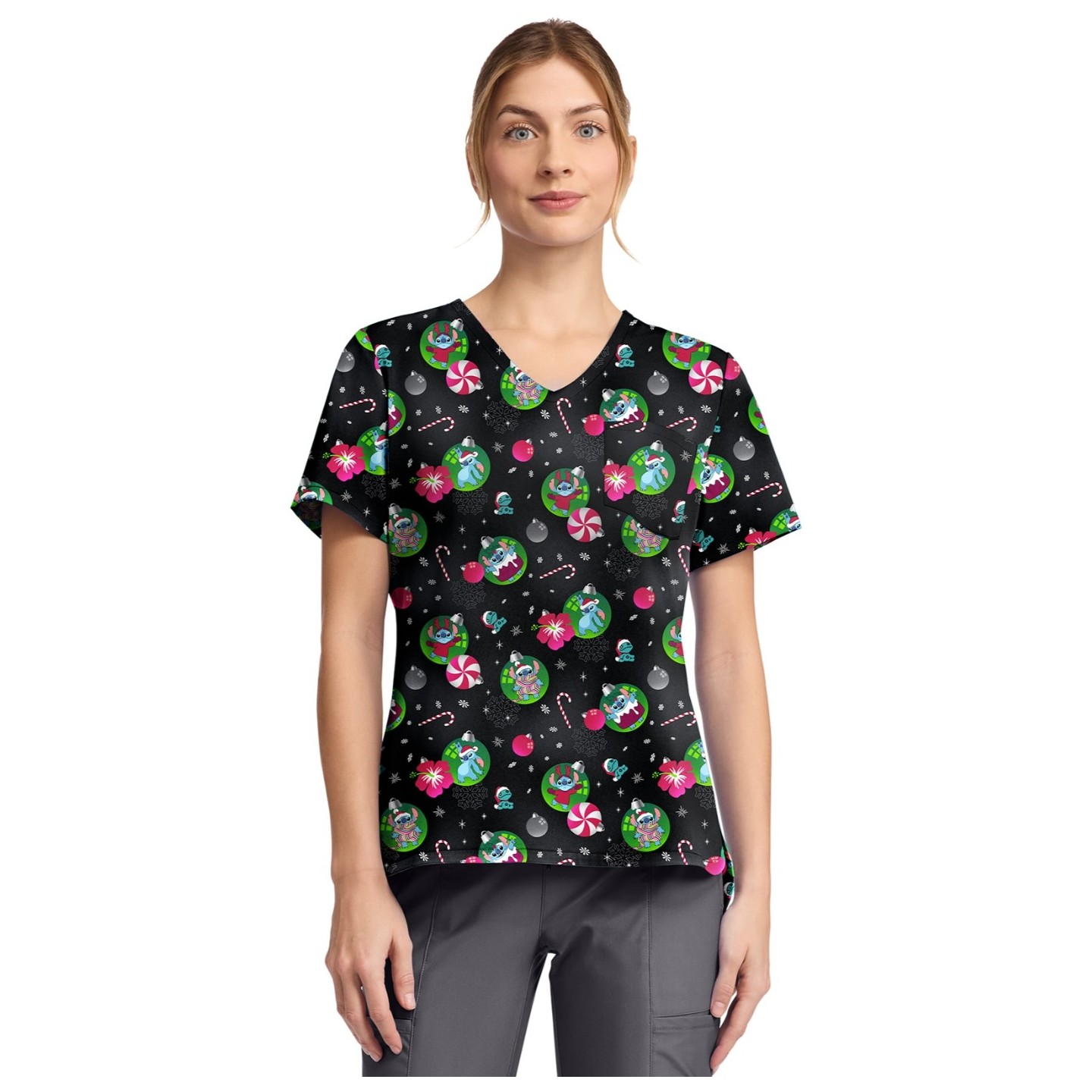 TF797 Tooniforms Tuckable Print Top with Chest Pocket by Cherokee - Baubles and Bulbs
