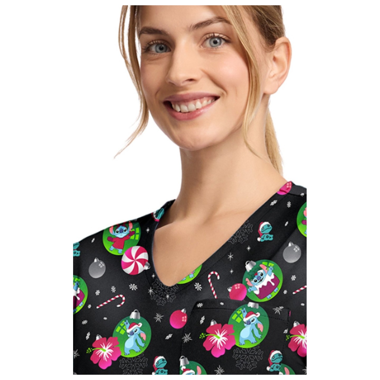 TF797 Tooniforms Tuckable Print Top with Chest Pocket by Cherokee - Baubles and Bulbs