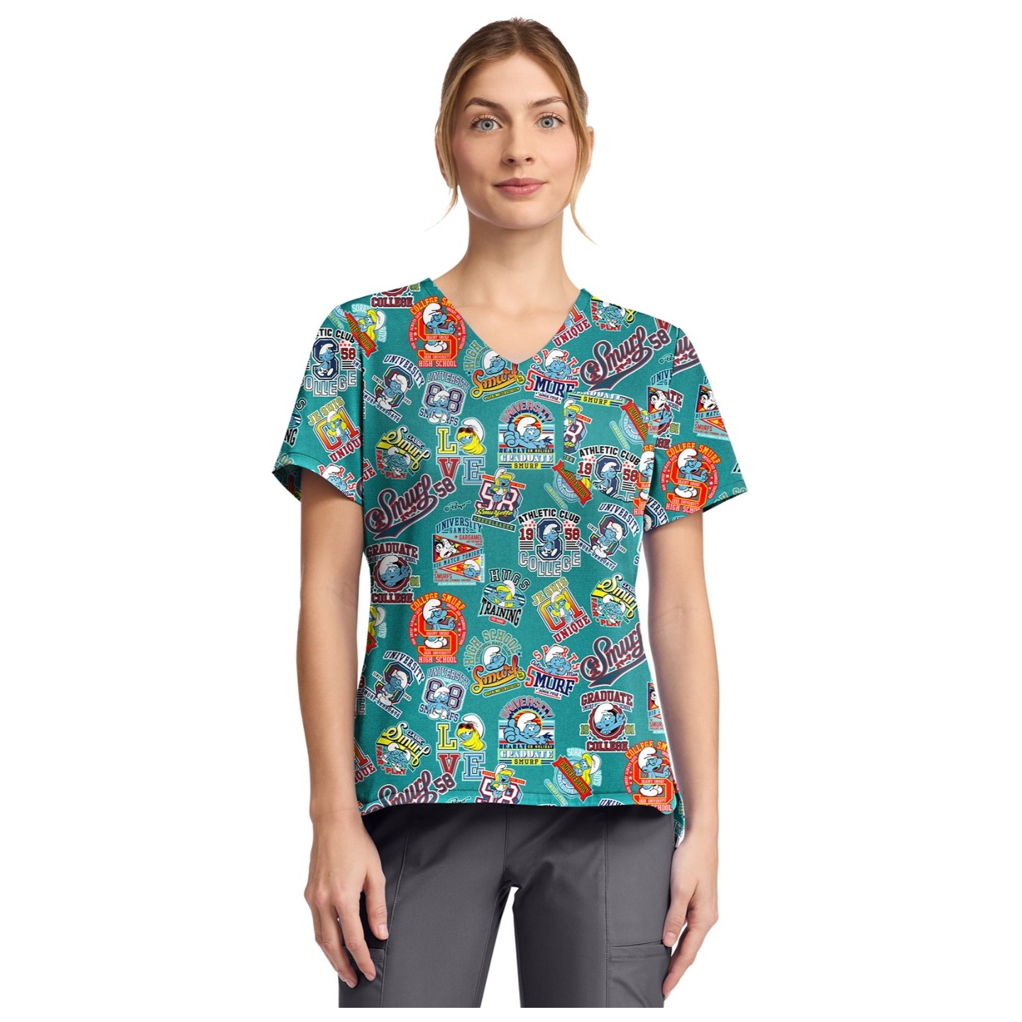 TF797 Tooniforms Haut Imprimé pour Border avec Poche au Poitrine par Cherokee - Collegiate Smurfs