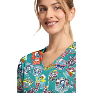 TF797 Tooniforms Tuckable Print Top with Chest Pocket by Cherokee - Collegiate Smurfs