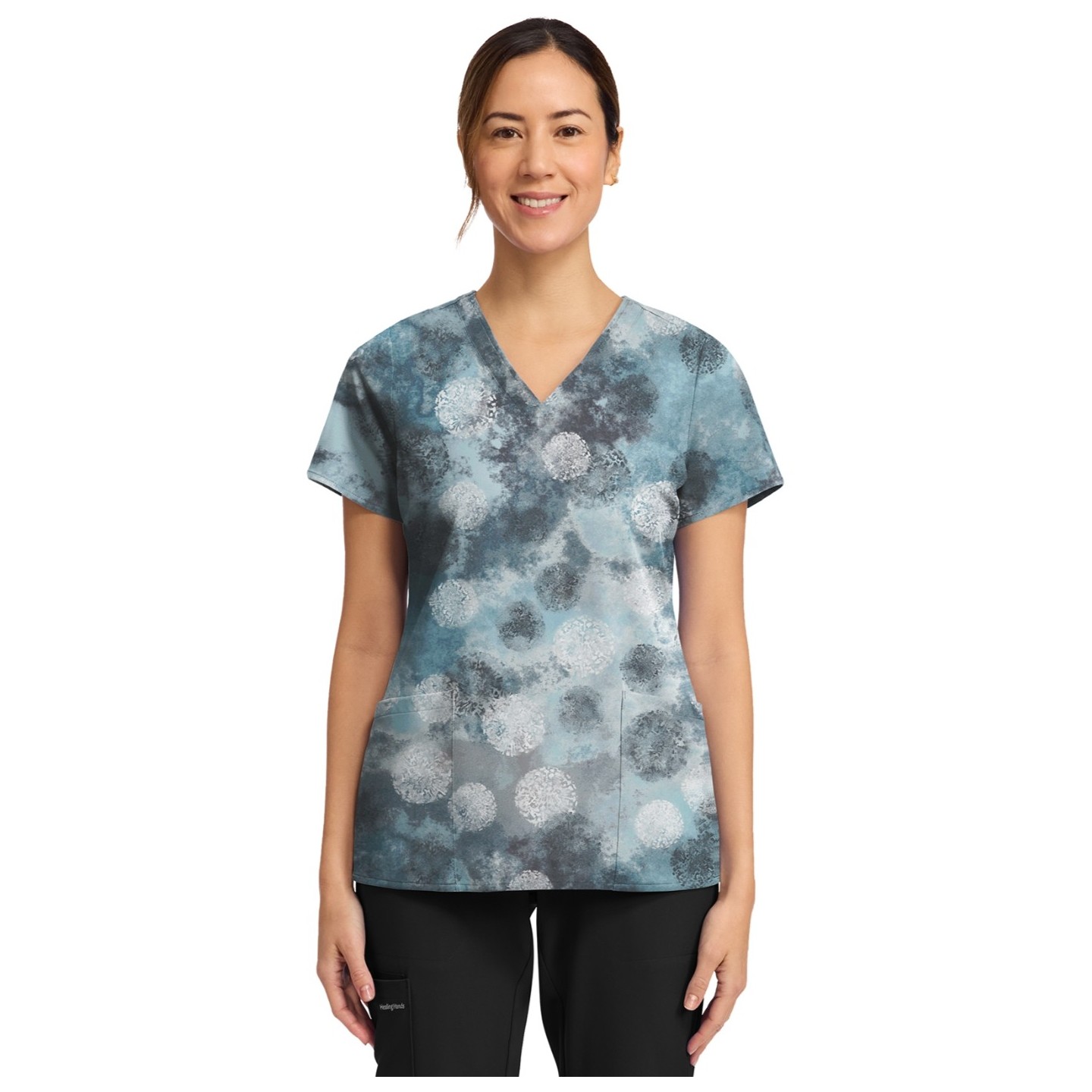 HH910 Healing Hands Amanda Grosgrain Ribbon V-Neck Print Top - Moody Dots