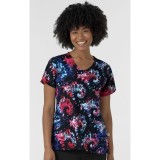 6347 WINK Women's 2 Pocket Curved V-Neck Print Top - Freedom Sparkle Black