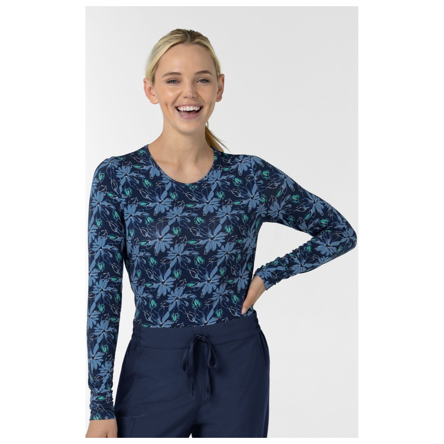 2409 Wink Layers Silky Long Sleeve Print Top - Beachy Blooms Navy