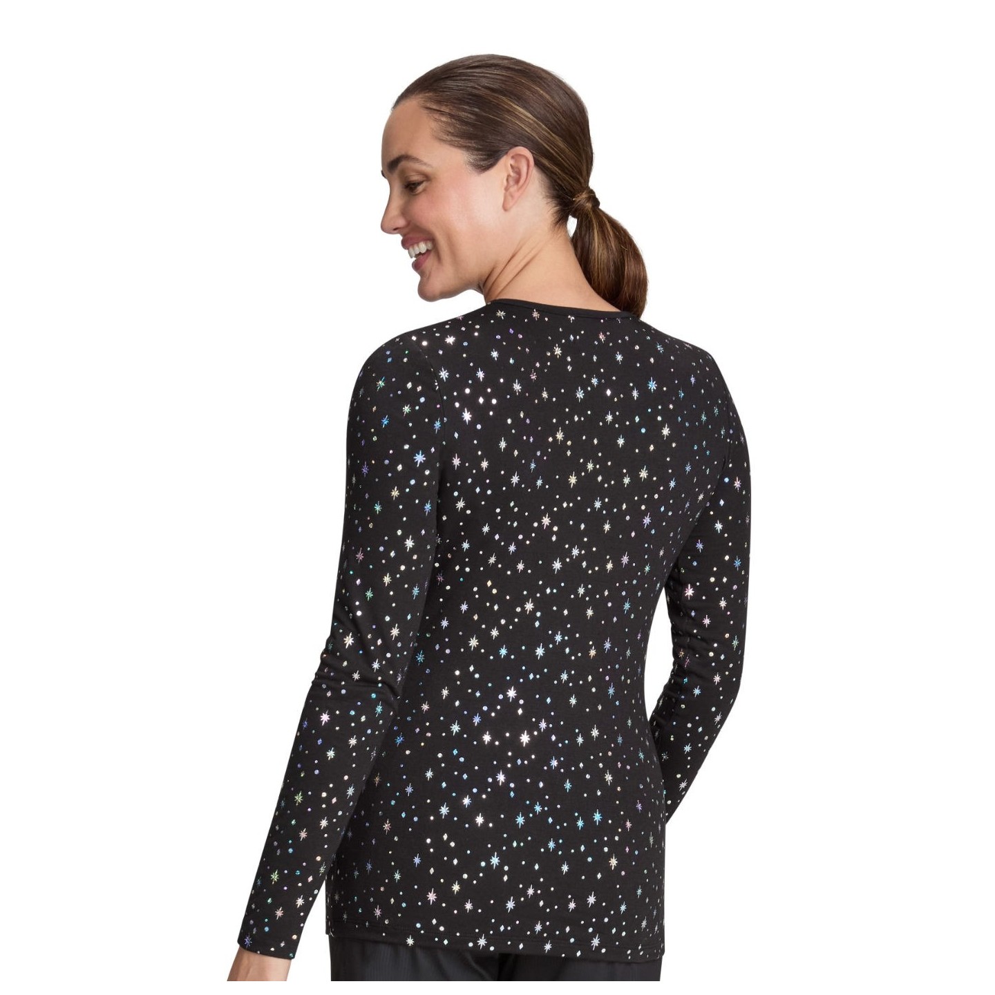 167PR Tessa Long Sleeve Underscrub Tee by koi - Black Iridescent Twinkle Pattern