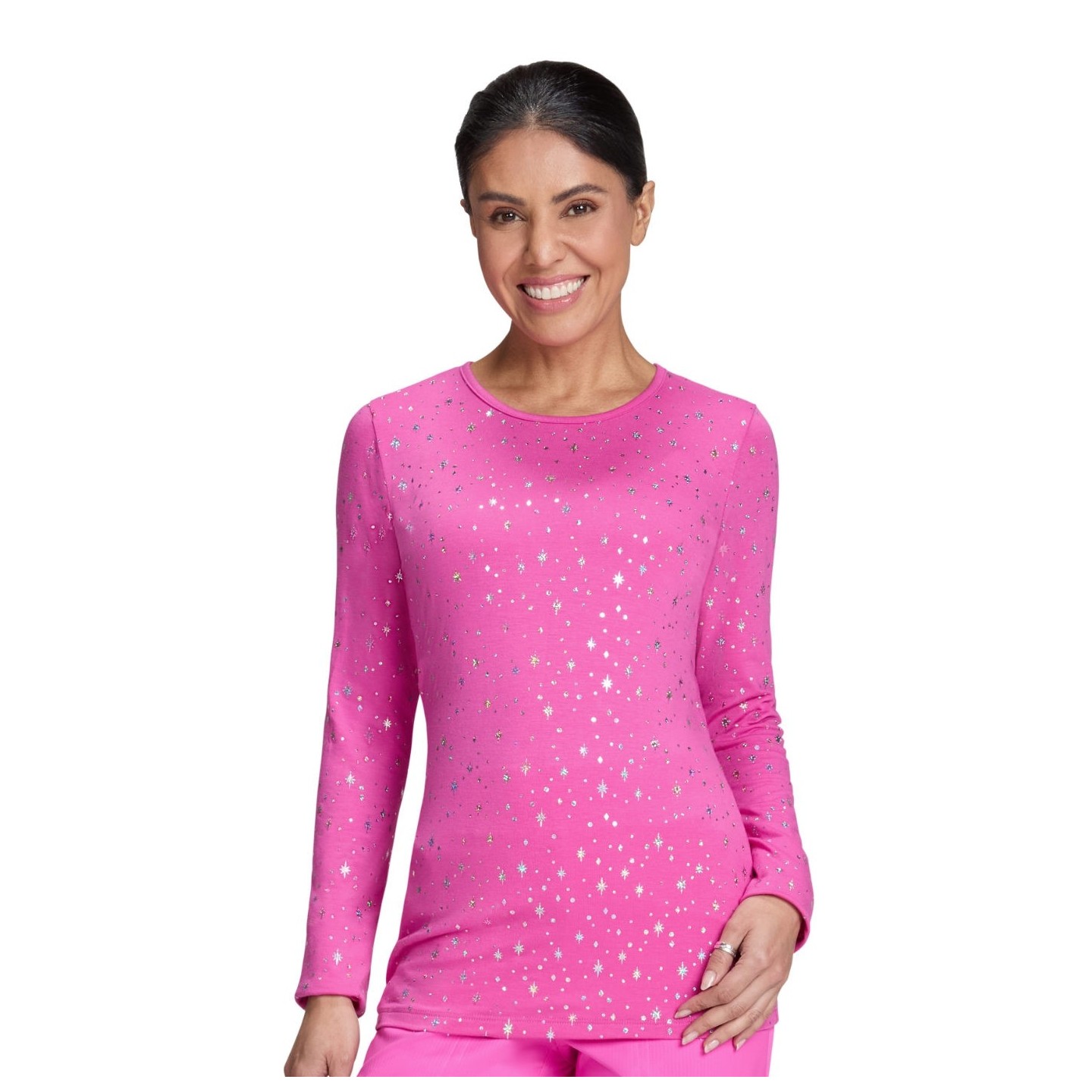 167PR Tessa Long Sleeve Underscrub Tee by koi - Hibiscus Pink Iridescent Twinkle Pattern