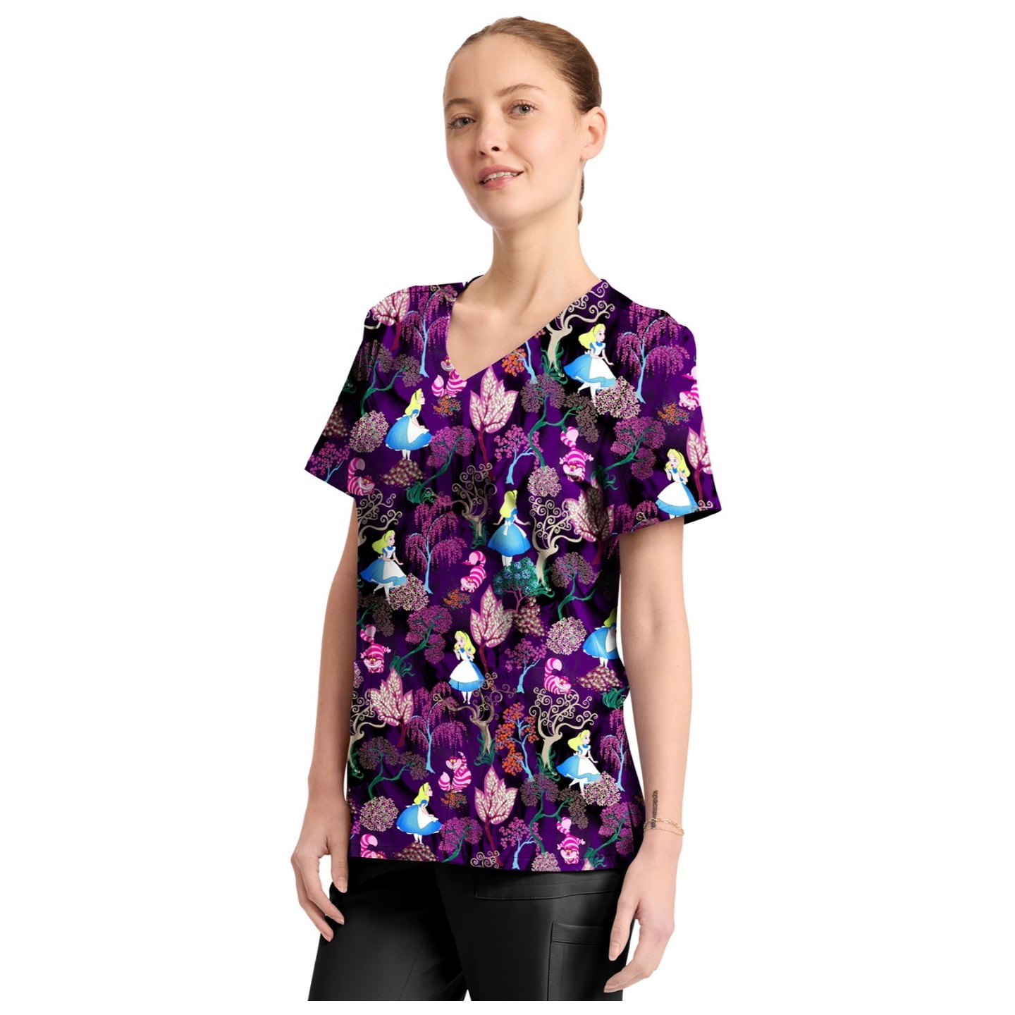 TF794 Tooniforms 2 Pocket V-Neck Print Top by Cherokee - Here And Everywhere