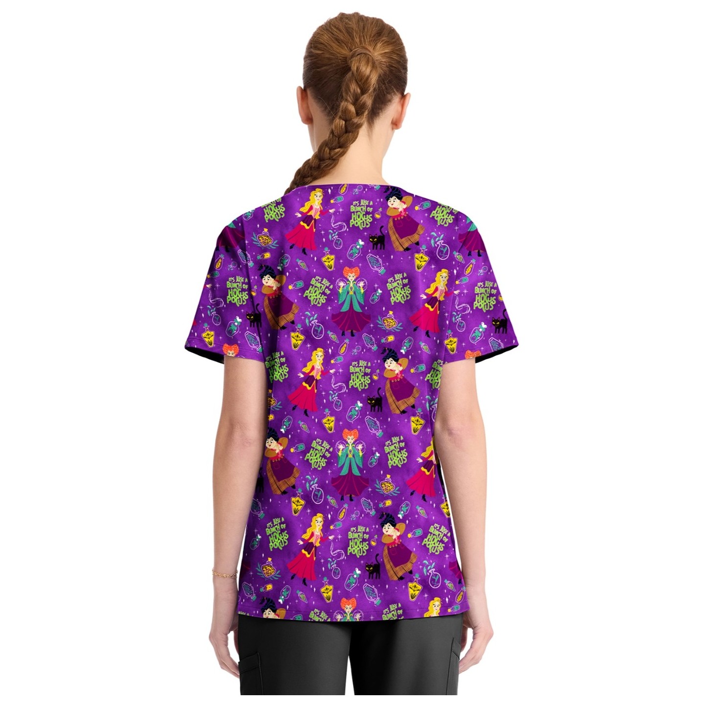 TF794 Tooniforms 2 Pocket V-Neck Print Top by Cherokee - Bunch Of Hocus Pocus
