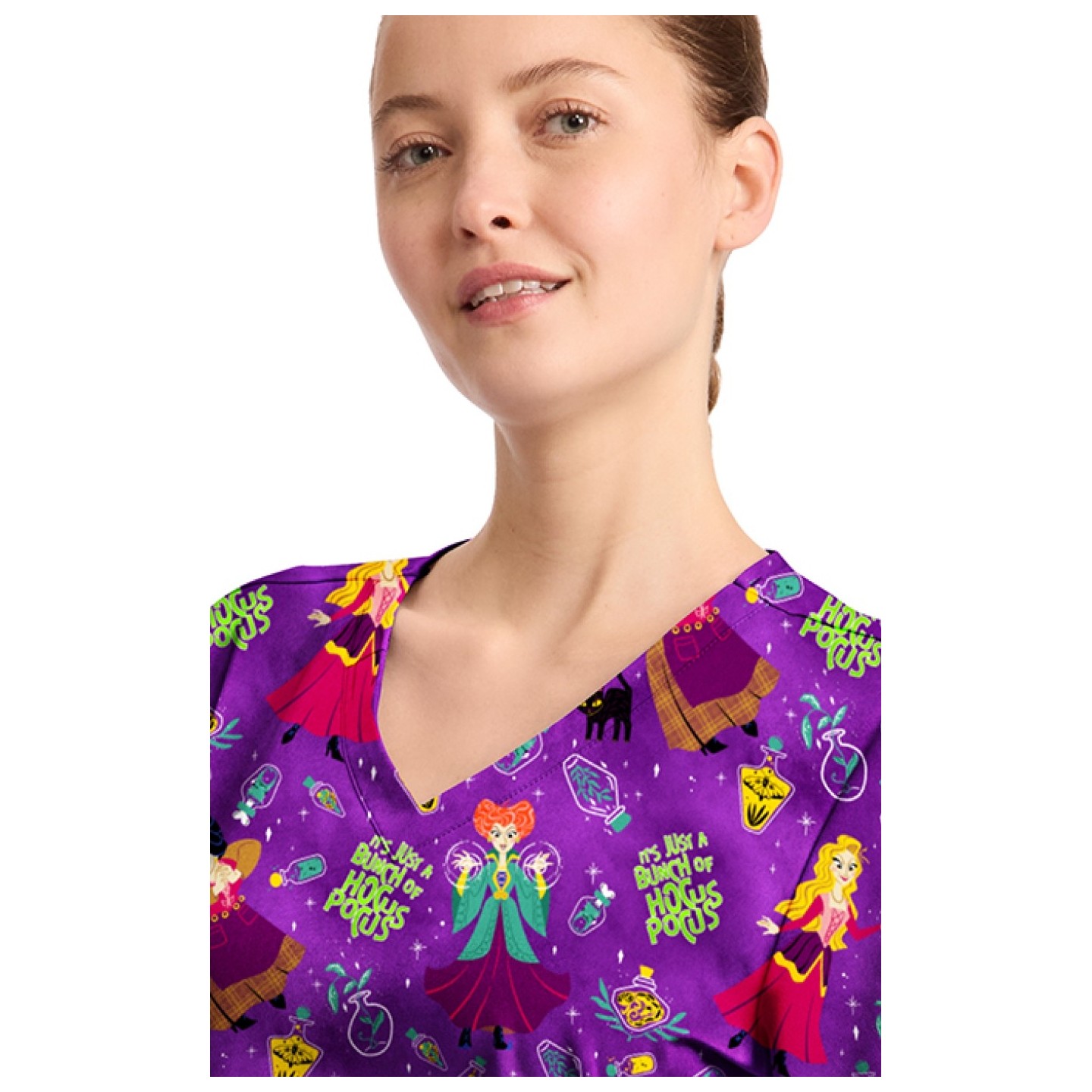 TF794 Tooniforms 2 Pocket V-Neck Print Top by Cherokee - Bunch Of Hocus Pocus