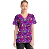 TF794 Tooniforms 2 Pocket V-Neck Print Top by Cherokee - Bunch Of Hocus Pocus