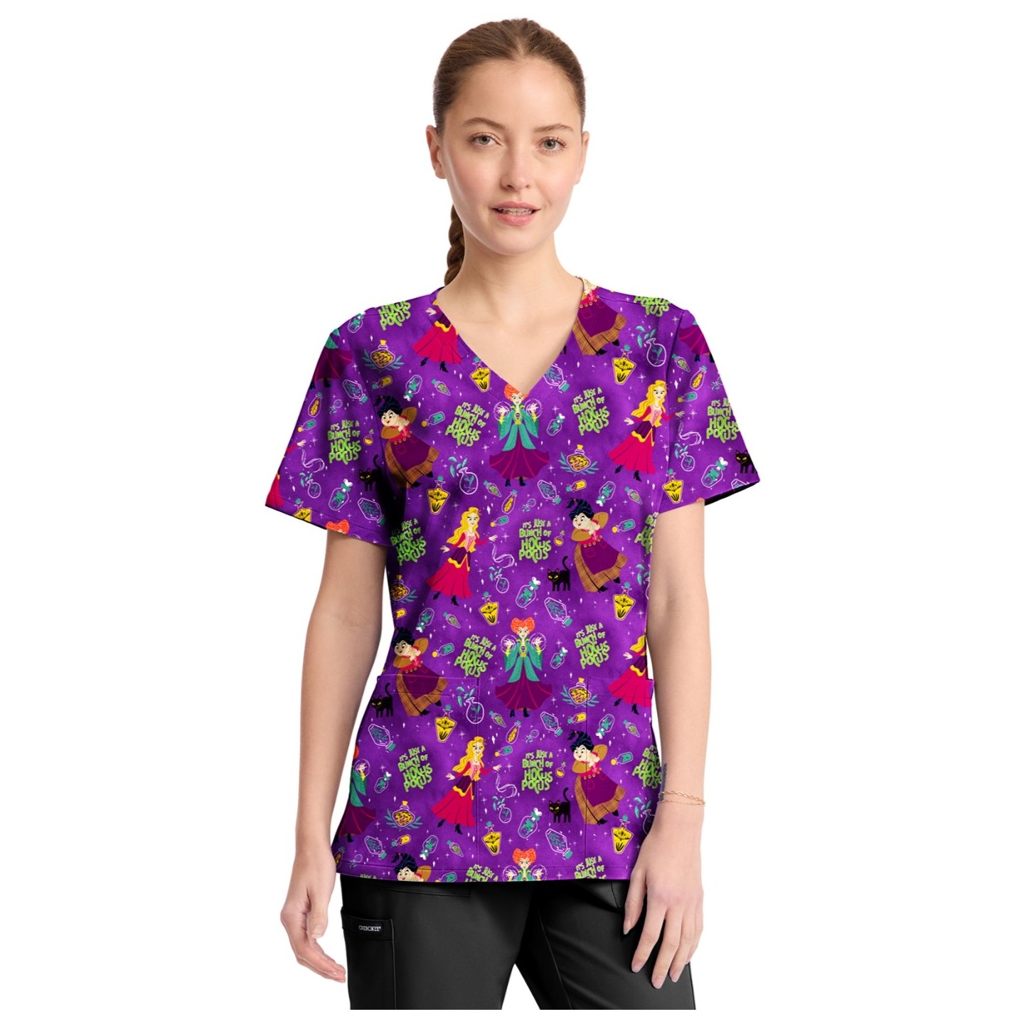 TF794 Tooniforms 2 Pocket V-Neck Print Top by Cherokee - Bunch Of Hocus Pocus