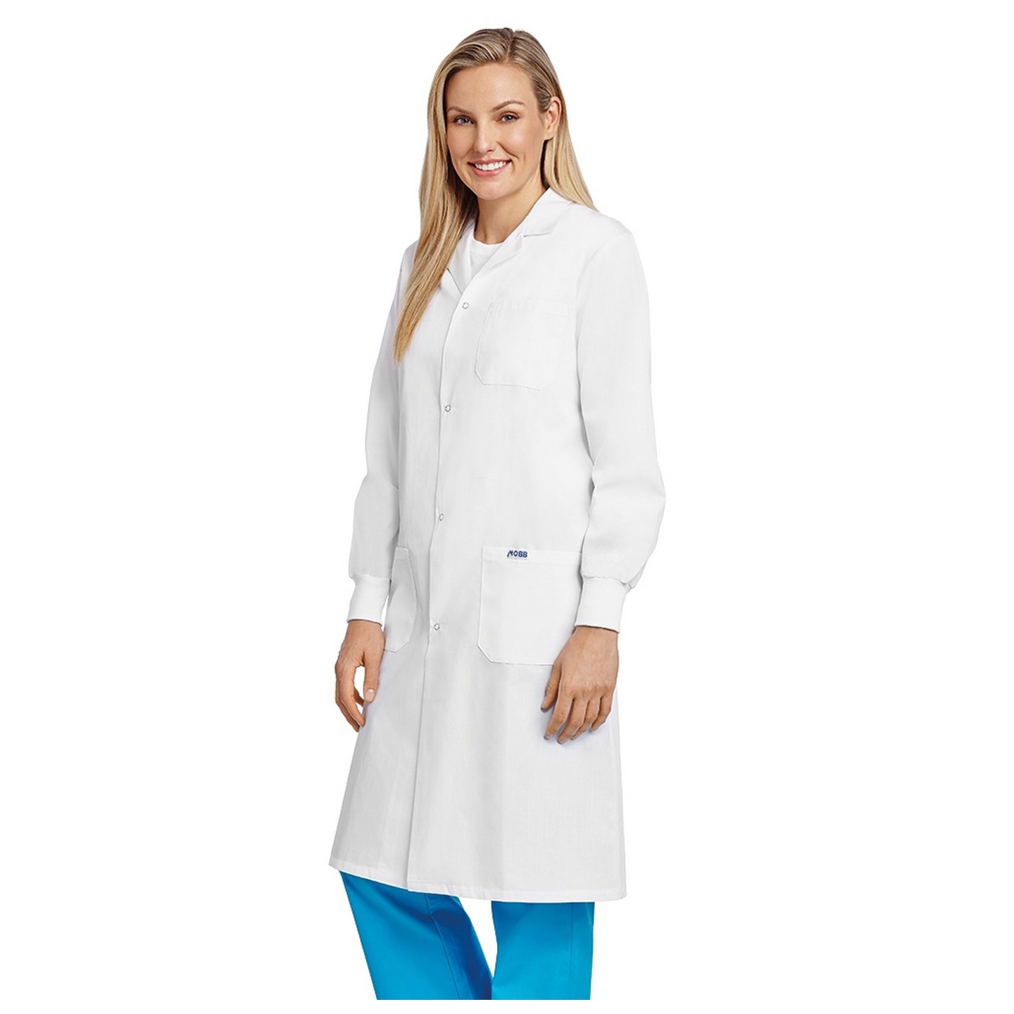 L507 Full Length Unisex Lab Coat Snap Front With Knitted Cuffs - Women's View