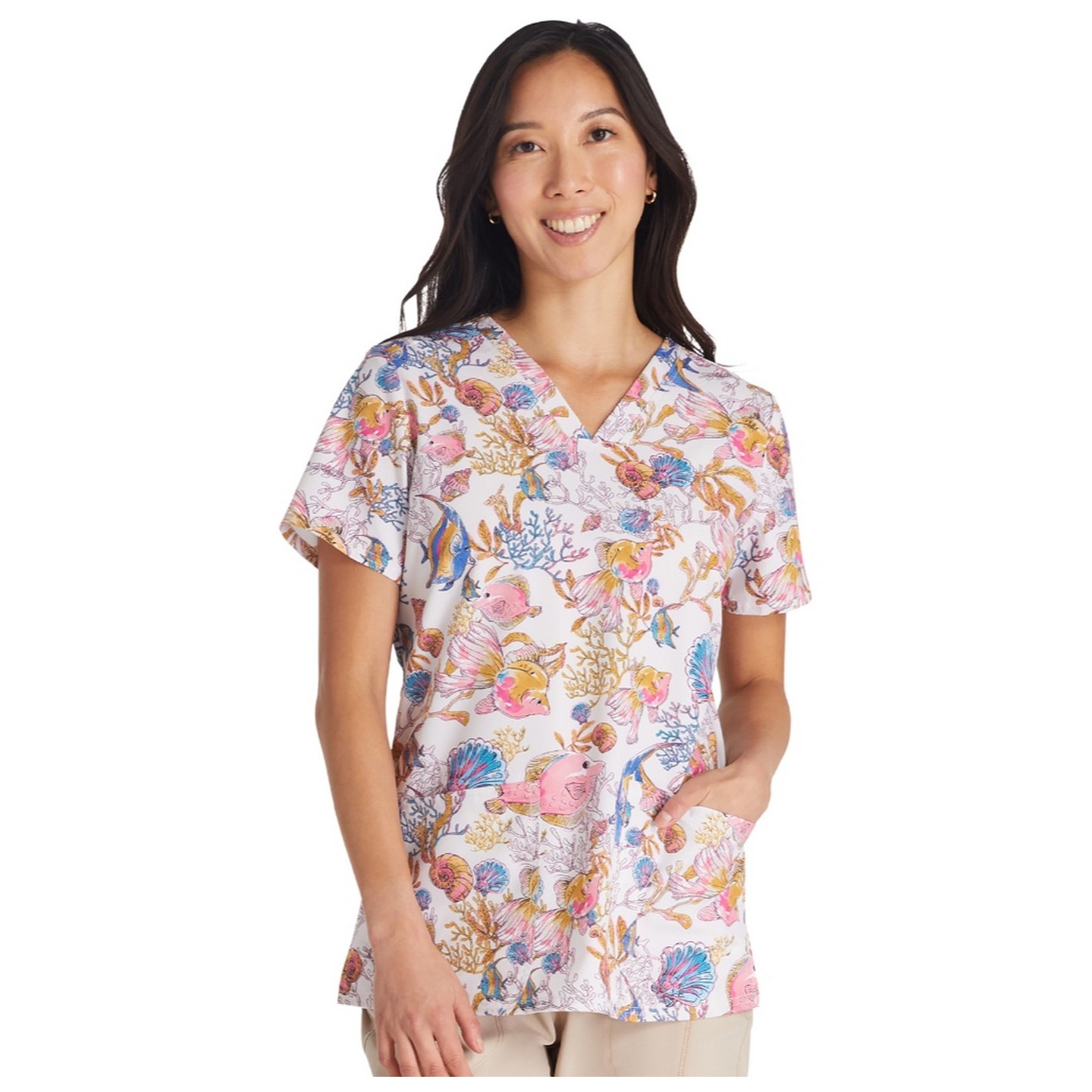CK671 Cherokee Genuine Classic V-Neck 2 Pocket Print Top - Fin-tastic Watercolor