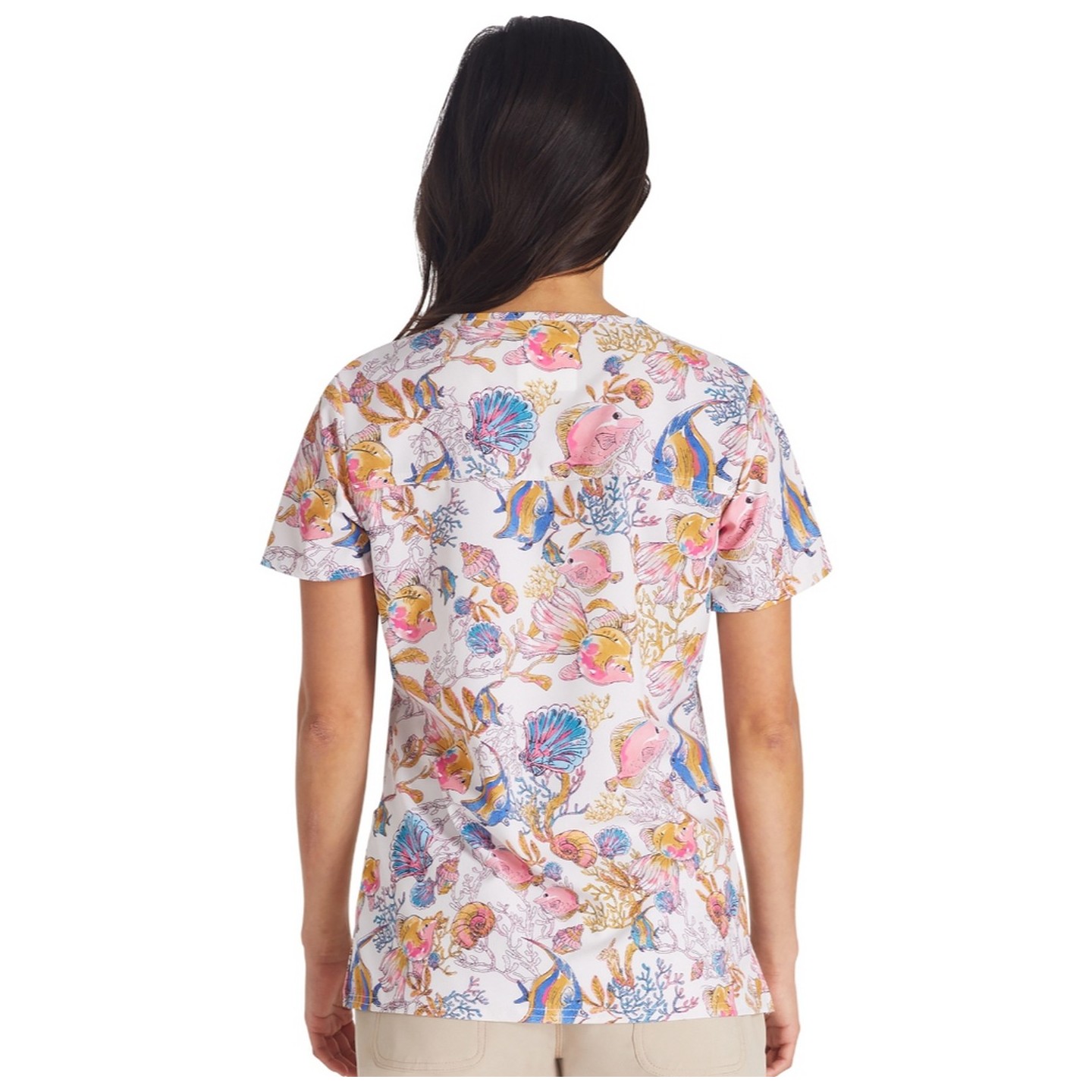 CK671 Cherokee Genuine Classic V-Neck 2 Pocket Print Top - Fin-tastic Watercolor